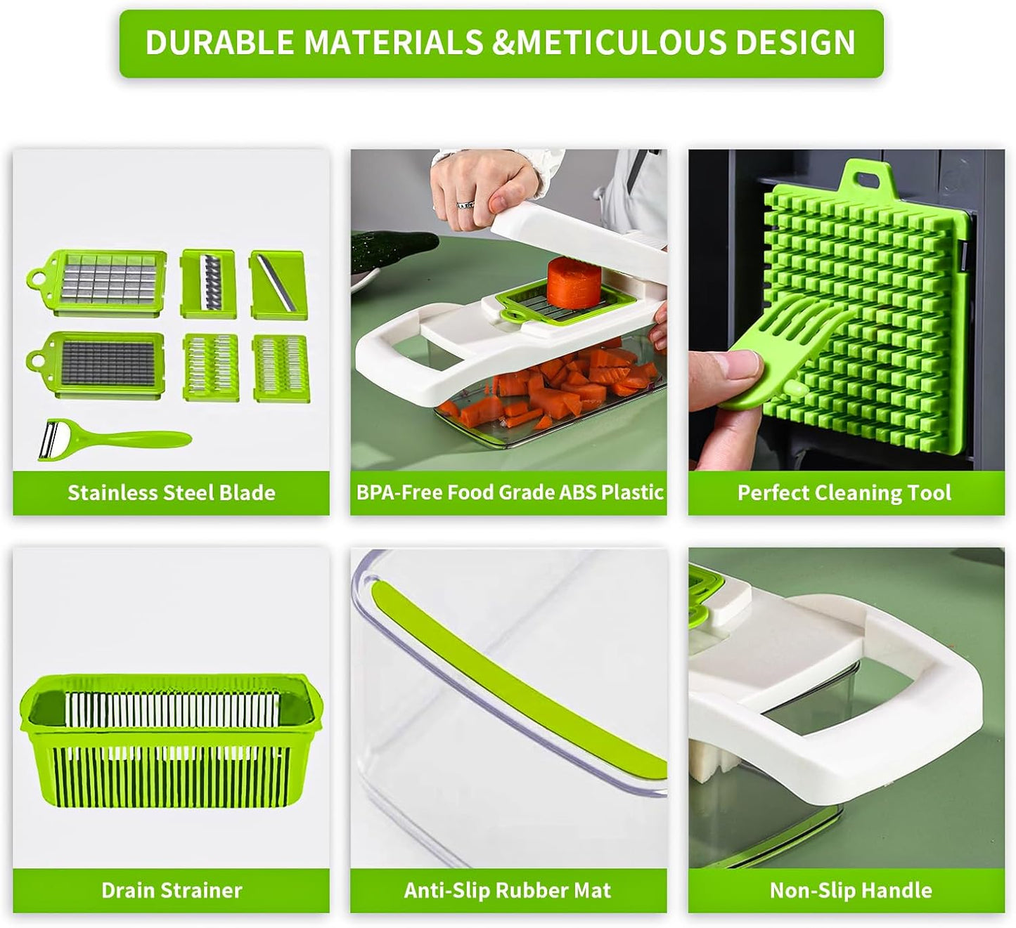 Vegetable Chopper Cutter Slicer Multifunctional 14-in-1 Food Veggie Salad Onion Chopper Cutter Dicer with Container, 8 Interchangable Blades, Hand Protector, Drain Strainer, Peeler, Brush