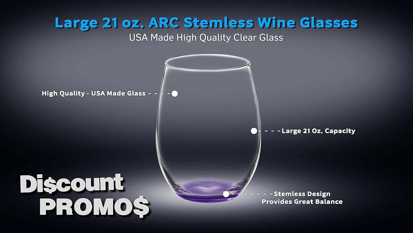 DISCOUNT PROMOS 10 ARC Stemless Wine Glasses Set, 21 oz. - Chardonnay, Cabernet, Merlot, Sauvignon - Purple
