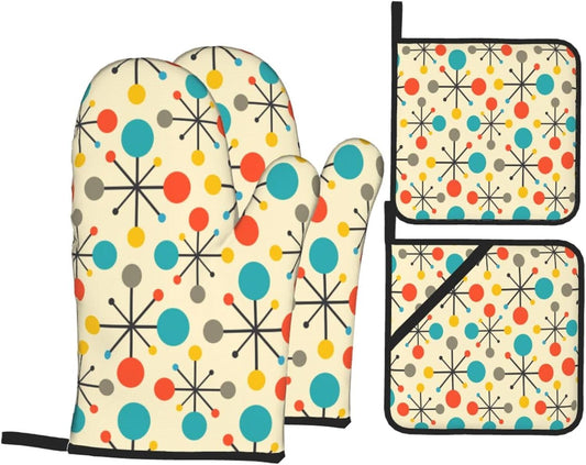 Mid Century Fifties Modern Atomic Retro Colors Oven Mitts and Pot Holders Sets of 4 High Heat Resistant Oven Mitts with Oven Gloves and Hot Pads Polyester Potholders for Kitchen Cooking Mitts