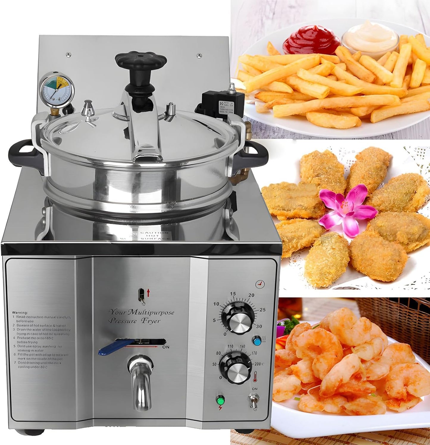 110V 16L Commercial High Pressure Fried Chicken Stove 2.4KW Electric Countertop Pressure Fryer Stainless Steel Kitchen Frying Machine for Snack Bar Restaurant