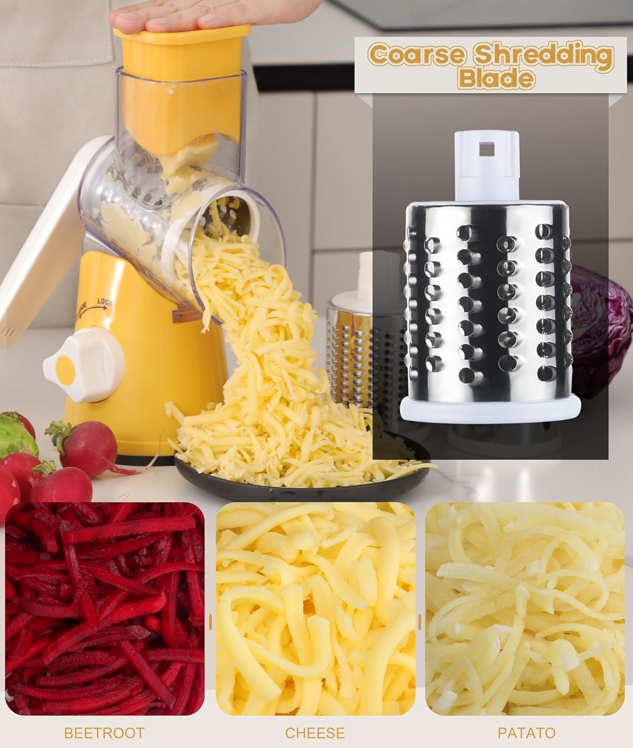 Ourokhome Rotary Cheese Grater Hand Crank, Kitchen Shredder Speed Mandolin Slicer Nut Grinder with Handle and Drum Blades for Cheese, Vegetable, Walnut, Chocolate, Potato, Carrot, 3 Blades, Yellow