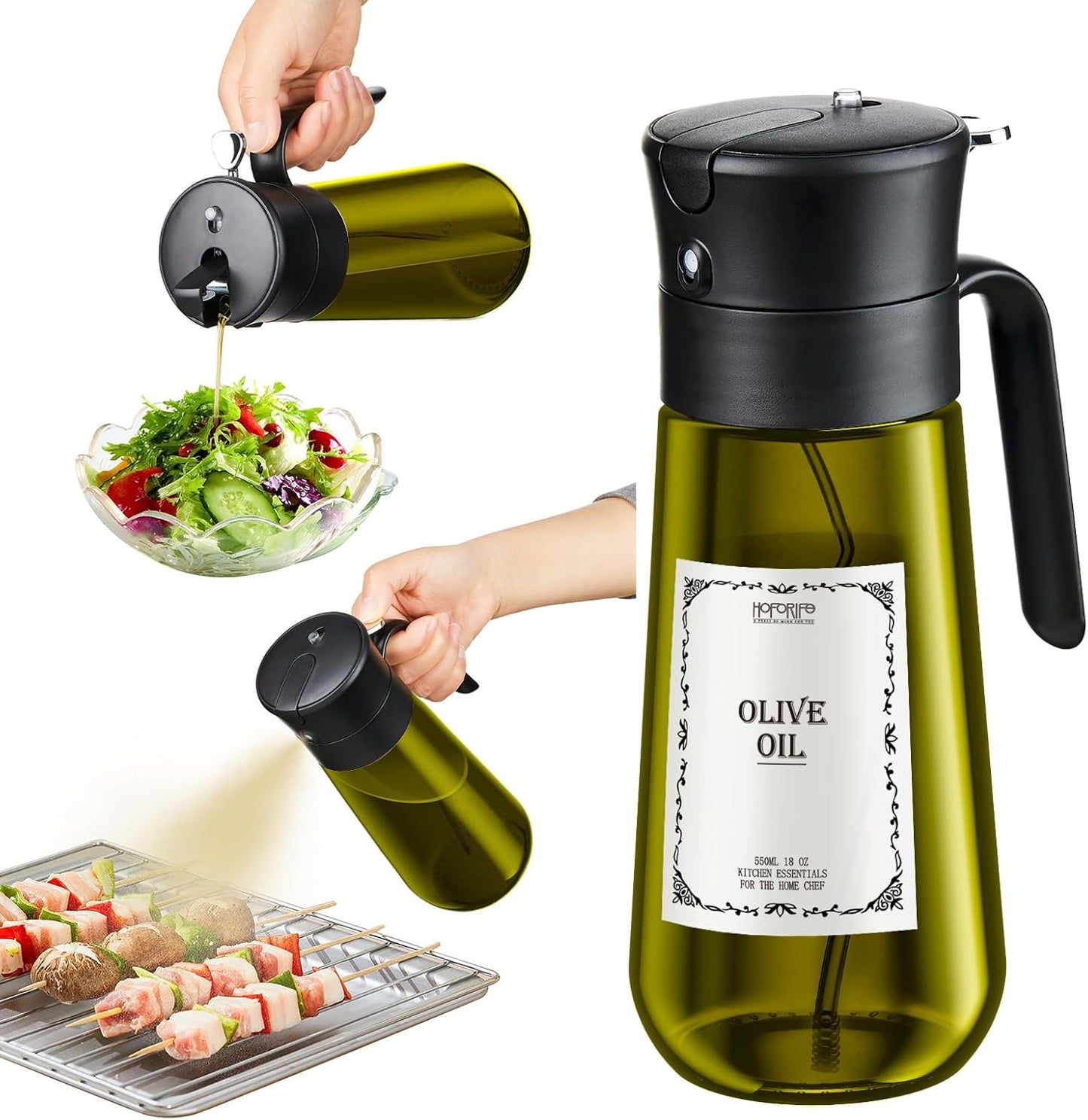Glass Olive Oil Dispenser for Kitchen, 2 In 1 Oil Dispenser Bottle & Oil Sprayer for Cooking, Auto Flip Cap, 18oz Black (Light Blockage)
