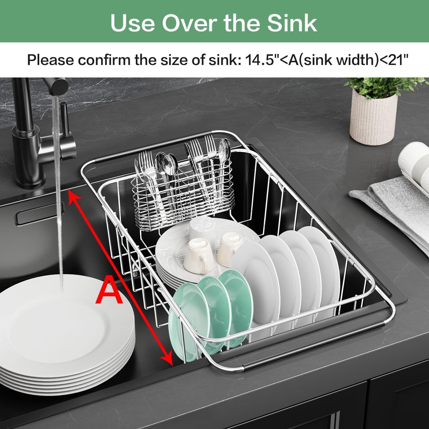 Dish Drainer Rack in Sink Adjustable, Expandable 304 Stainless Steel Metal Dish Drying Rack Organizer with Stainless Steel Utensil Holder Over Inside Sink Counter, Rustproof