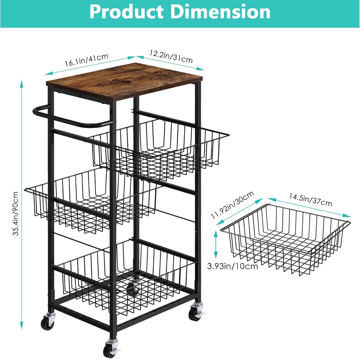 4 Tier Rolling Storage Cart, Kitchen Utility Storage Cart with Pull-Out Fruit Baskets, Mobile Pantry Cart with Wheels, Kitchen, Bathroom, Brown