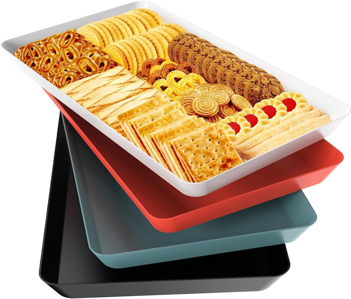 WOWBOX 4 pcs Serving Tray for Entertaining, Serving Platters for Snacks, Fruit, Cookies, Dessert, Reusable Plastic Trays for Serving Food, (White, Black, Green, Red)