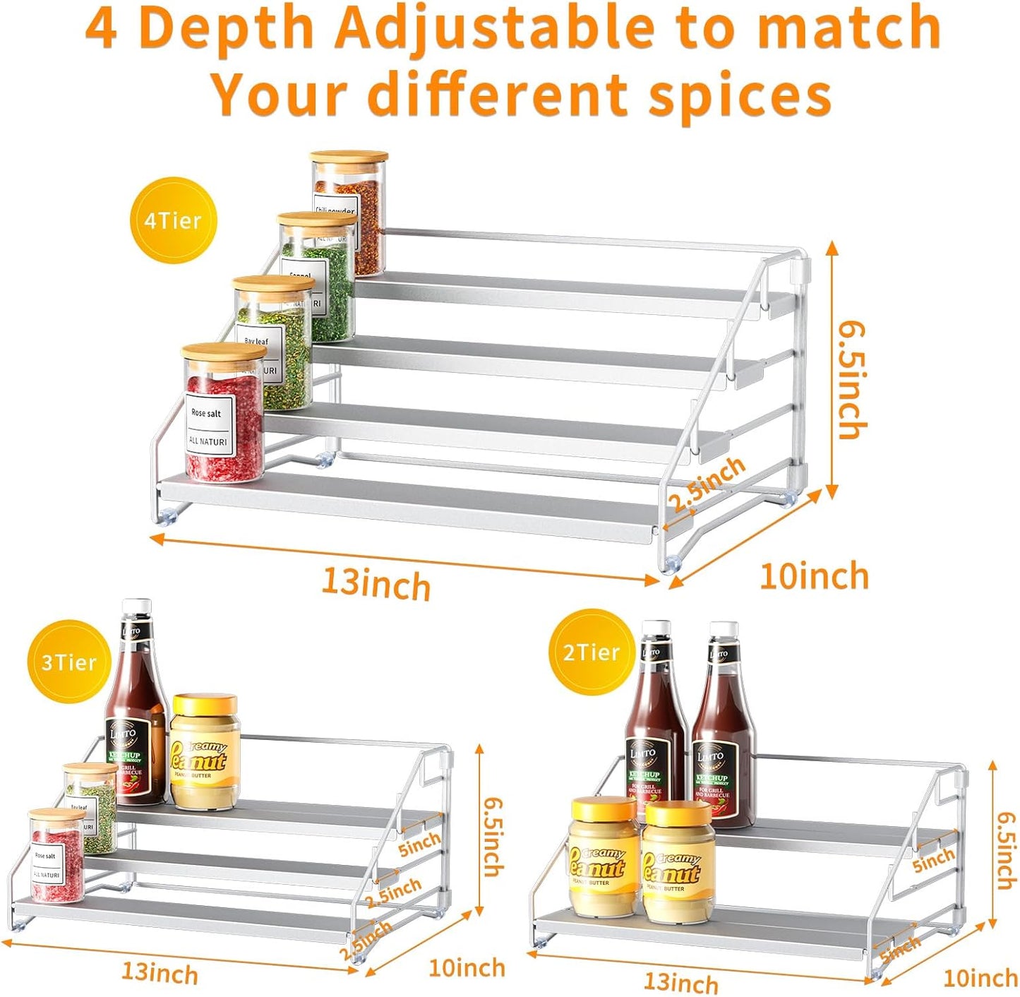 RCHYFEED 4 Tier Spice Rack Organizer, Spice Organization for Cabinet,Pantry, Countertop,Tiered Spice Rack Easy Visibility,Depth Expandable Seasoning Shelf for Kitchen Cabinet Organizer,Silver