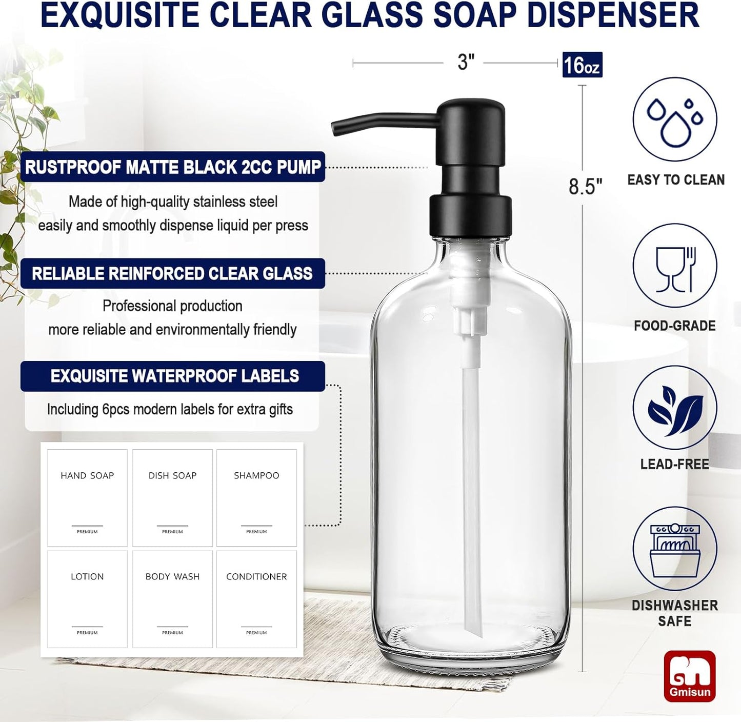GMISUN Glass Soap Dispenser with Pump, 2 Pack Clear Bathroom Hand Soap Dispenser with Stainless Steel Pump, 16 Oz Refillable Kitchen Hand and Dish Soap Dispensers Set, Modern Liquid Pump Bottles