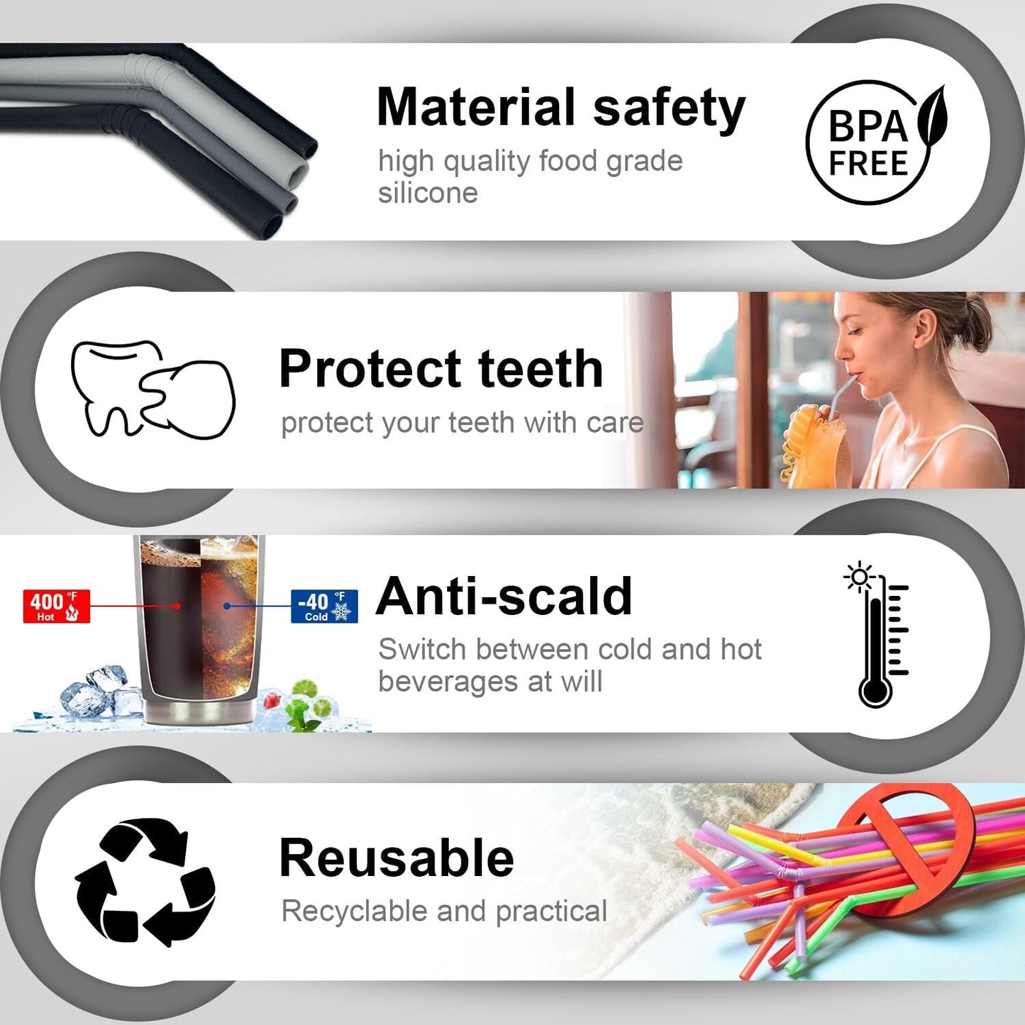 Walfos Silicone Straws - Reusable straws Bendy straws for Smoothies/20 & 30 oz Tumblers, BPA Free. 2 Size (3pcs Wide S + 3 pcs Regular + 2 Cleaning Brushes）