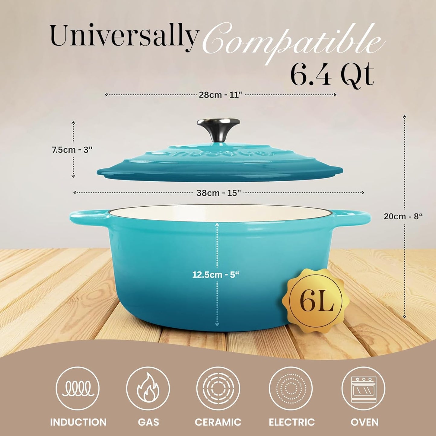 Nuovva Enamelled Cast Iron Dutch Oven Pot with Lid – 6.4 Quart Non Stick Casserole Pot – Heavy Duty & Oven Safe up to 500° F for Bread Baking, Braising, Stews, Roasting – 28cm Teal