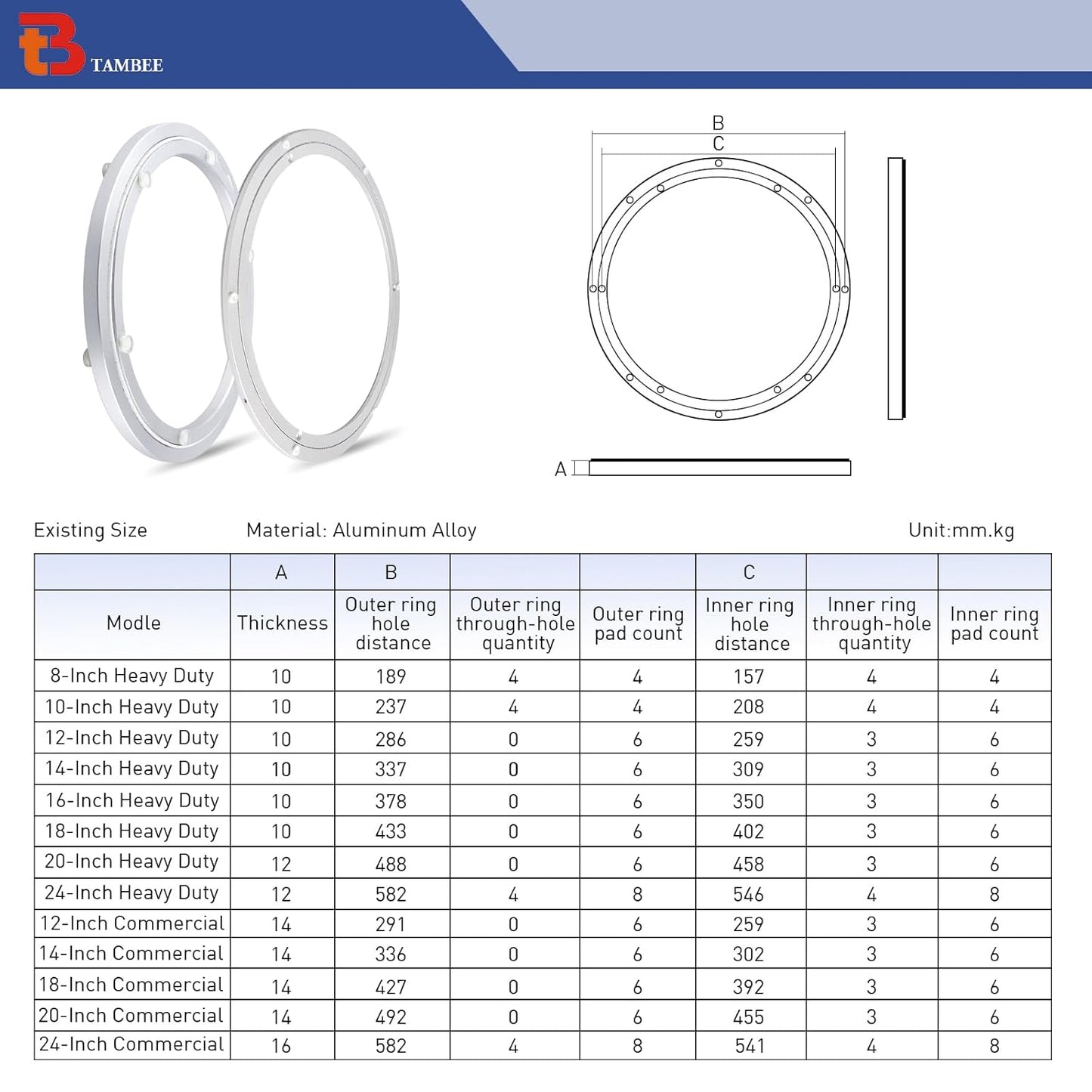 TamBee Lazy Susan Bearing 18 Inch - Heavy Duty Lazy Susan Base & Hardware, Silent Turntable for Smooth Rotation (Aluminum Alloy, 380LB Capacity)