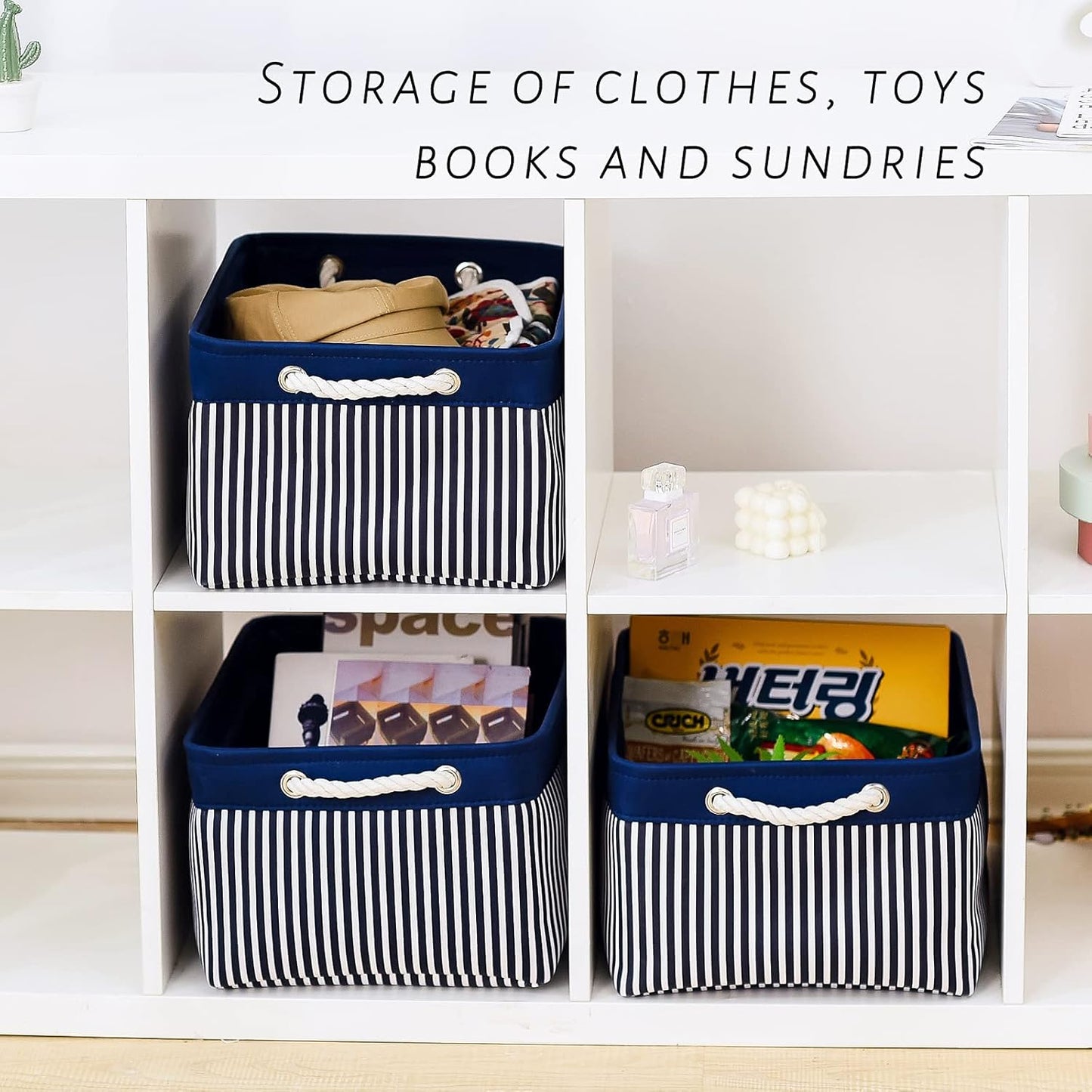 TcaFmac Storage Basket for Organizing - Large 4 Pack Foldable Storage Bins Baskets for Shelves with Ropes, Fabric Storage Cubes for Cloth Toy Gift Kids (Navy & White 16x12x8 inch)