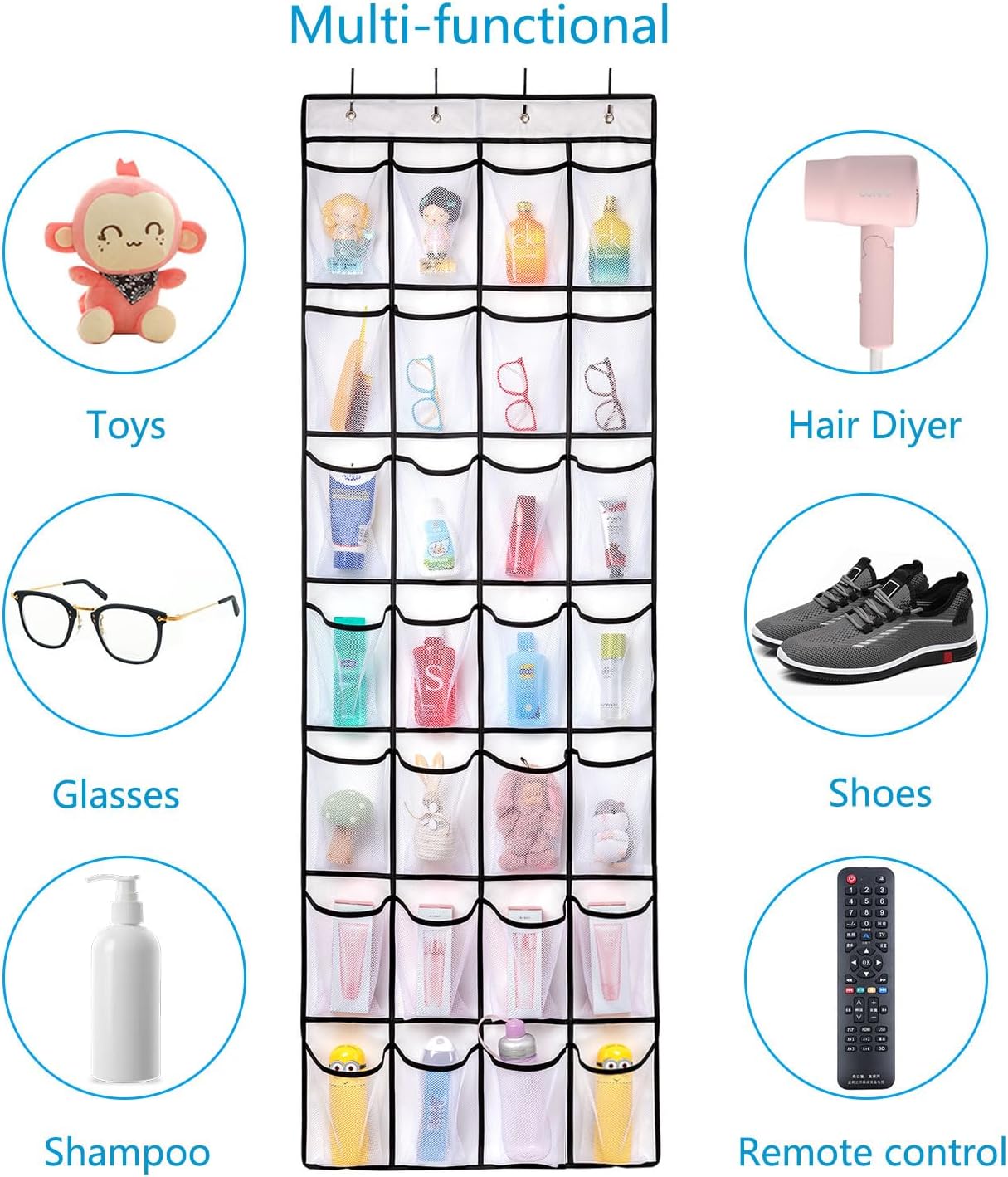 REGELETO 2 Pack 28 Pocket Over the Door Shoe Organizer, Hanging Shoe Rack for Door Large Capacity Shoe Organizer Holder with 4 Metal Hooks (White-2Pack)