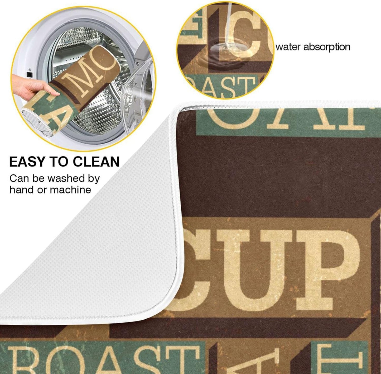 senya Super Absorbent Dish Drying Mat, Microfiber Fast-Drying 24'' x 18'', Kitchen Pad, Coffee Themed Seamless Retro