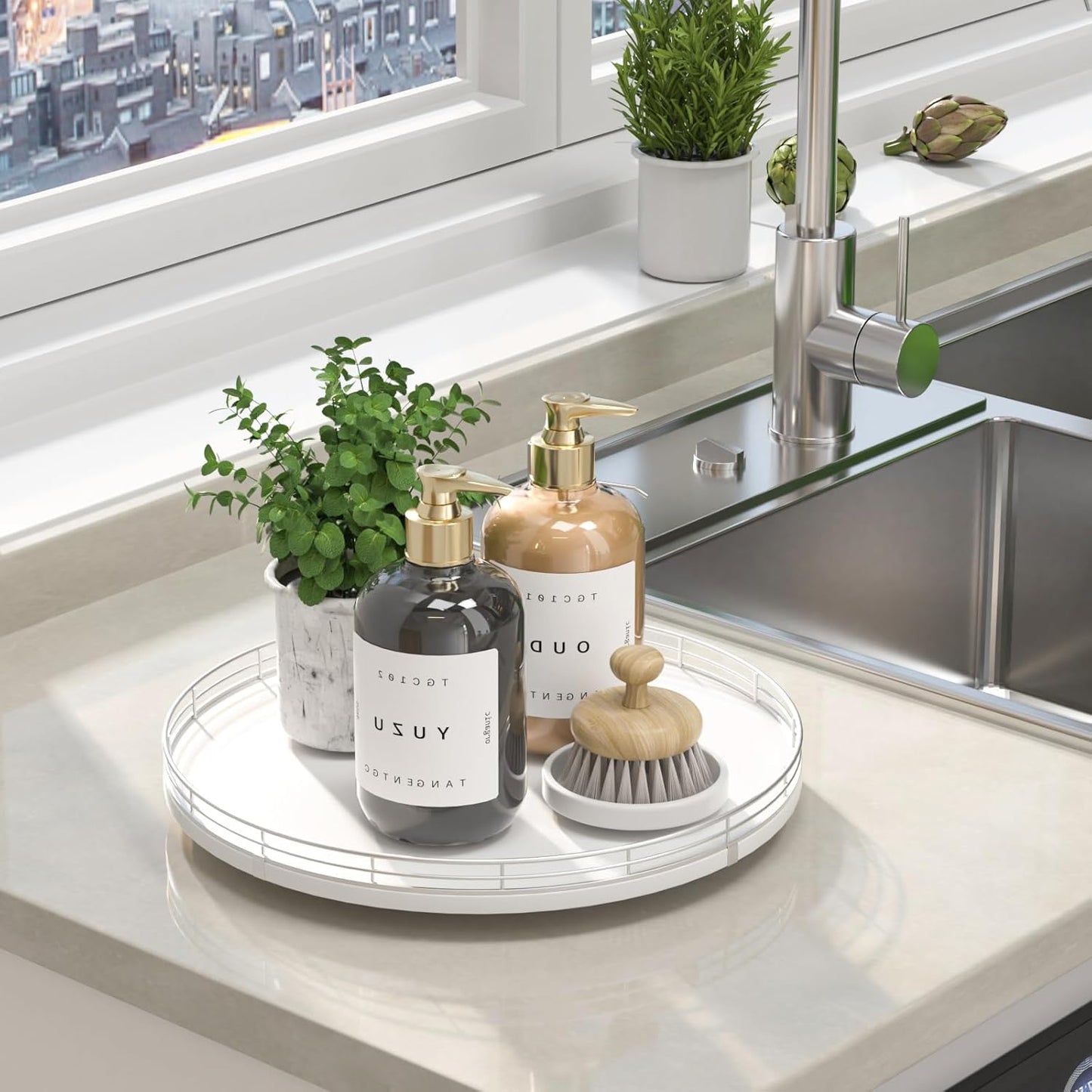 13" Oak Wood Bathroom Tray for Counter, Vanity Tray for Perfume Lotion Candle Makeup Jewelry Sink Soap Holder Turntable Dresser Organizer Countertop Coffee Table Decor Organization and Storage Silver