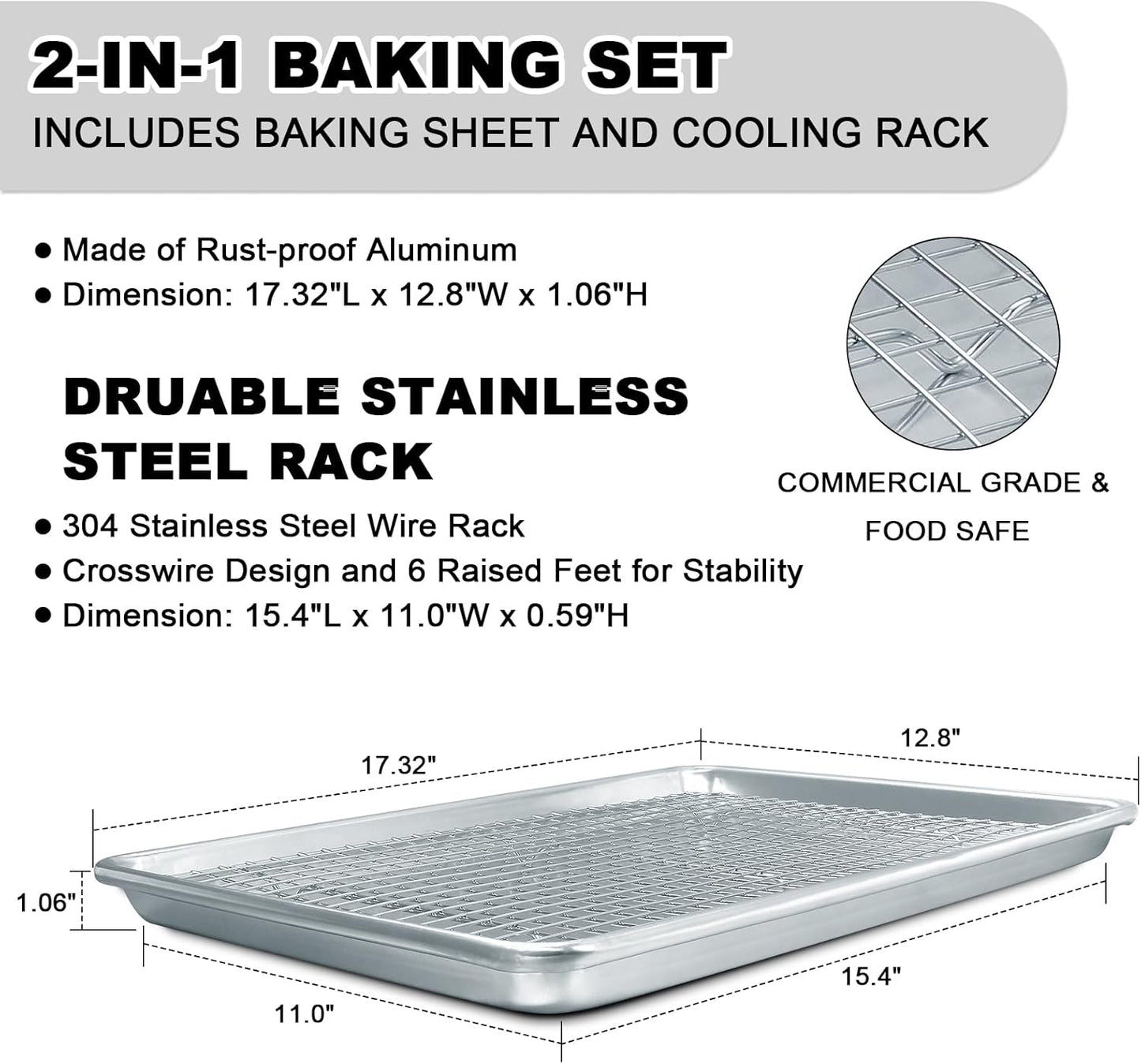 Half Sheet Pans with Rack Set, 18 Inch Commercial Quality Baking Sheet Pan Set, Natural Aluminum Cookie Sheet, Warp Resistant Nonstick Thick Cookie Tray Pans for Baking, Roasting