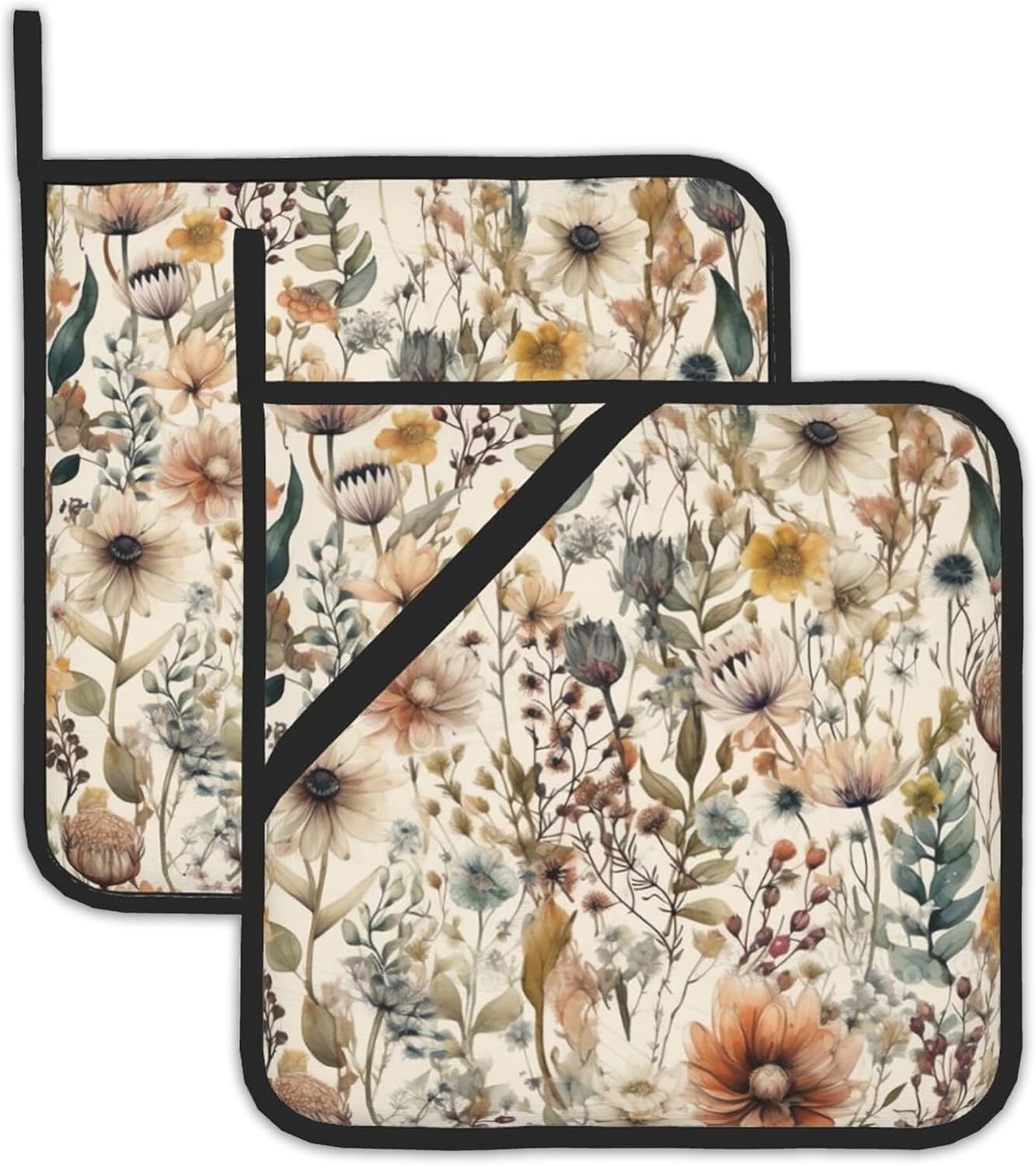 2PCS Boho Watercolor Floral Pot Holder with Loop,Heat Resistant Oven Pads,Hot Pat for Kitchen Cooking Baking Food