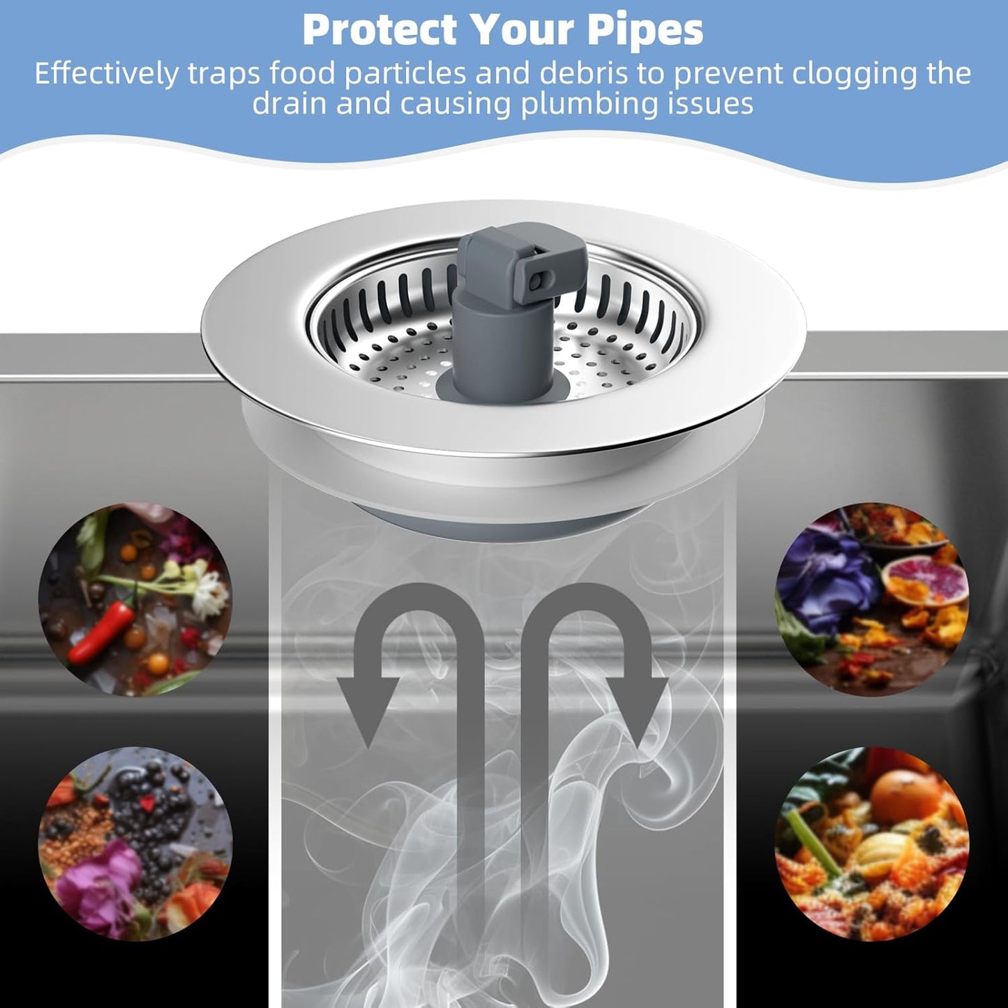 Hibbent Universal 3 in 1 Kitchen Sink Drain Strainer with Sink Stopper, Stainless Steel Wrapped Shell, SUS304 Anti-Clogging Basket Strainer, Fit for US Standard 3-1/2" Drain, Stainless Steel