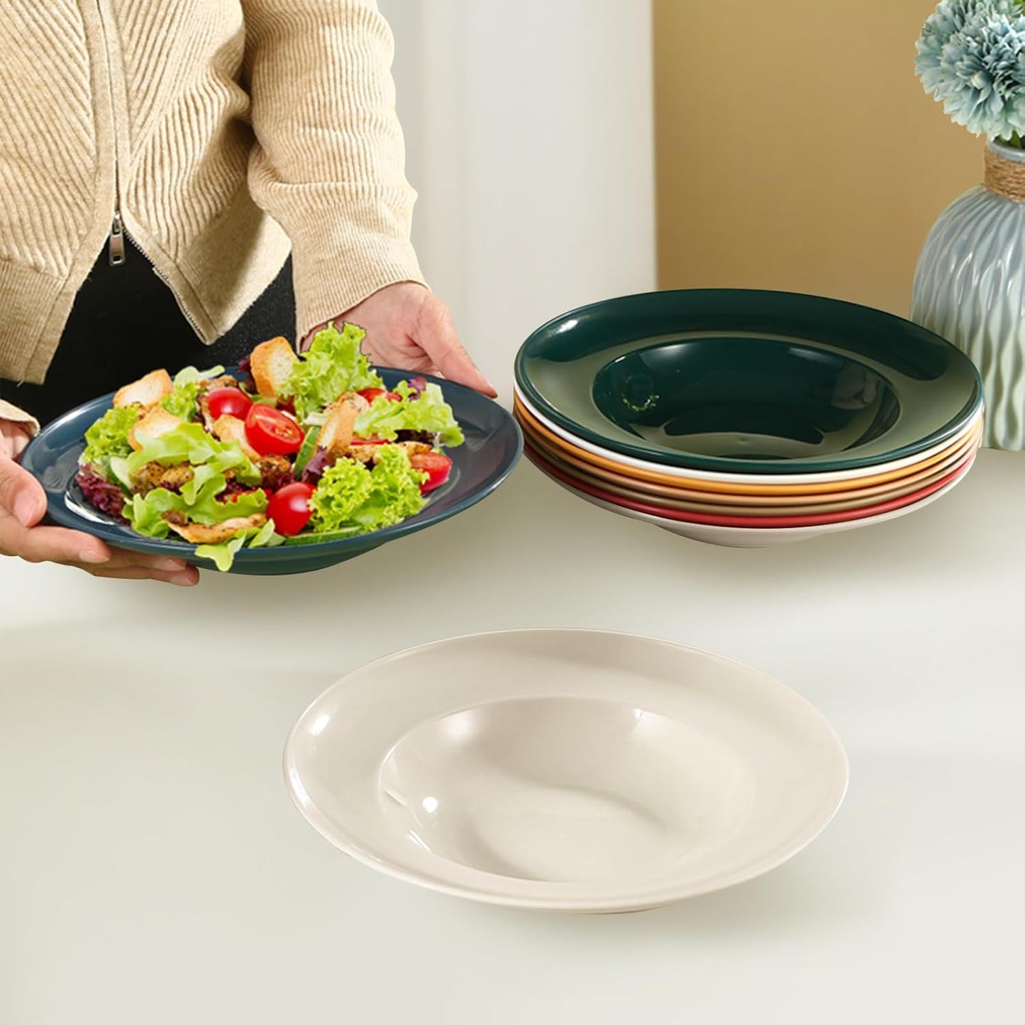 Pasta Bowls, 8 PCS Large Salad Serving Bowls, 9 inch White Soup Bowls, Pasta Bowls Set of 4, Rimmed Deep Pasta Plates, Wide and Shallow Bowls for Dinner, Microwave Dishwasher Safe