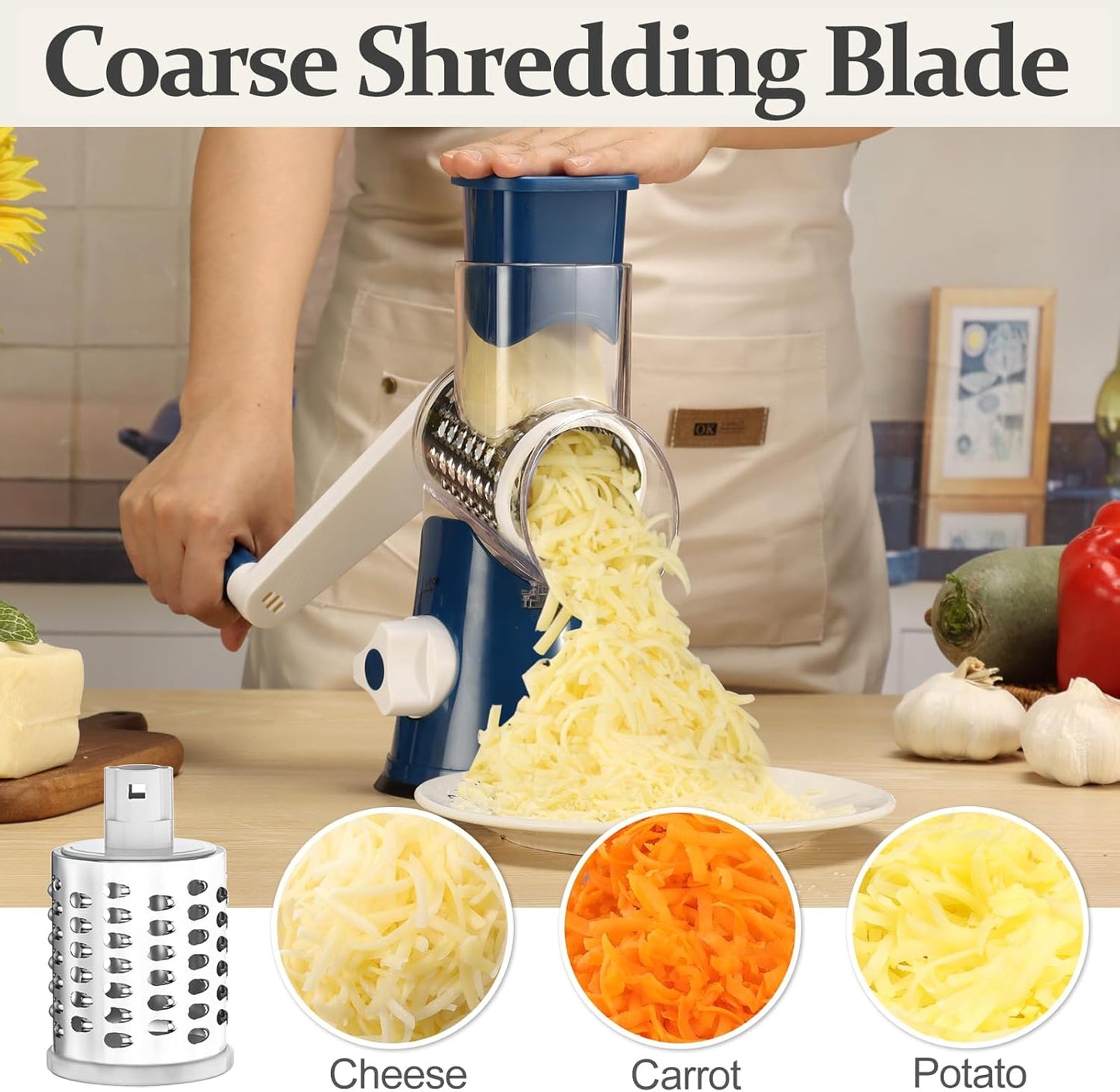 Cambom Rotary Cheese Grater Hand Crank Cheese Shredder for Fresh Cheese, Vegetable, Nuts, Non-slip Suction Base,Five Blades, Deep Blue