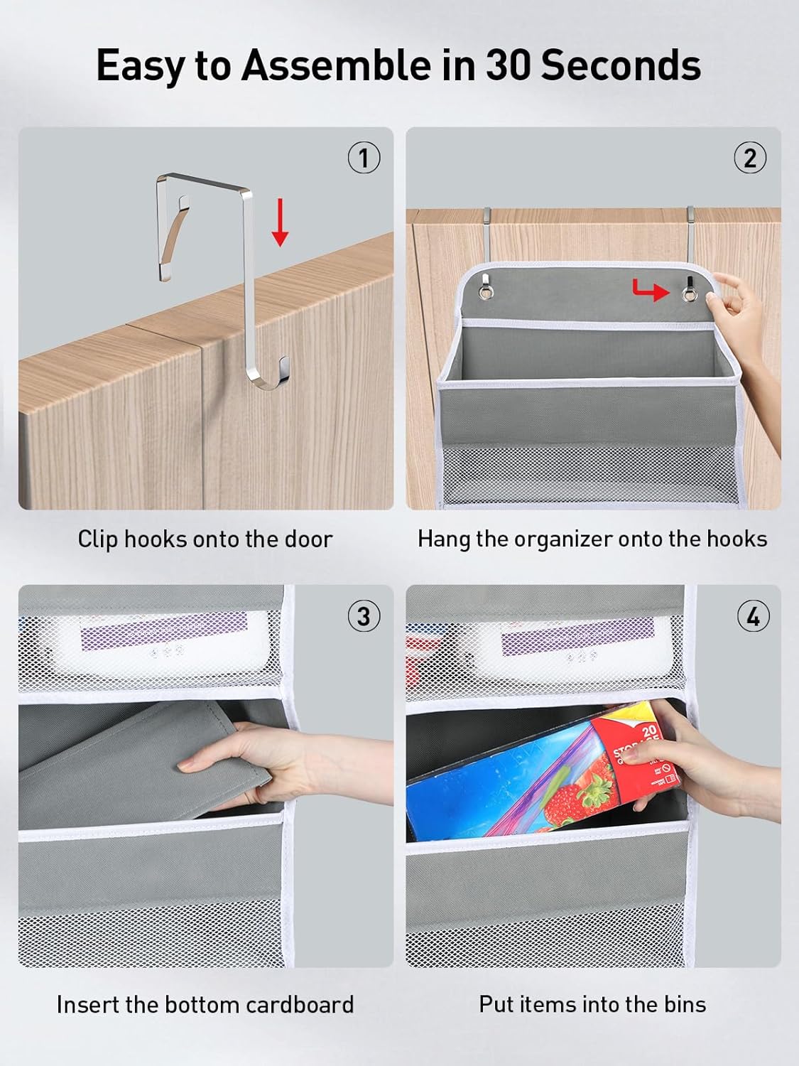 Yecaye 2 Pc Over The Door Organizer with 5 Bins 10 Side Pockets, 44lbs Load Hanging Bathroom and Bedroom Organizer, Behind The Door Hanging Organizers for Nursery Newborn Baby Essential Stuff Grey