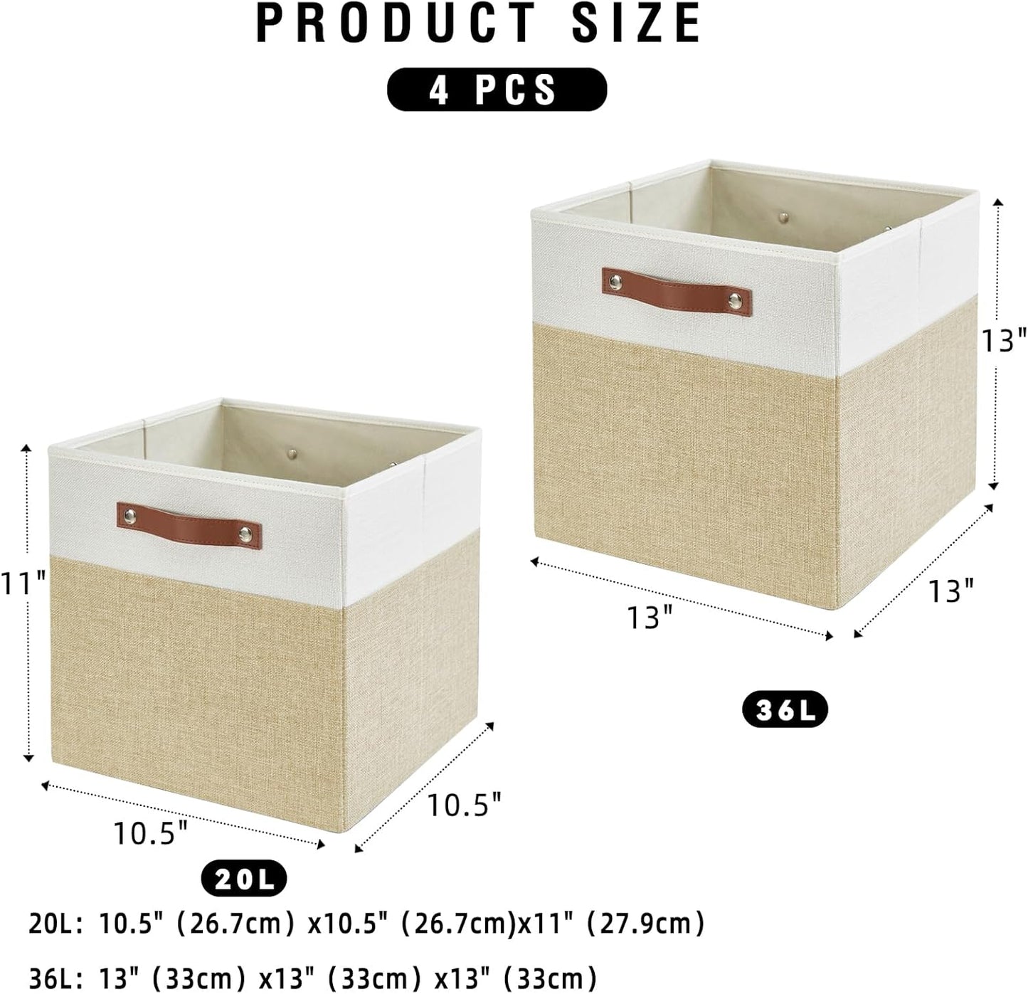 Collapsible Fabric Storage Cube Bins with 2 Reinforced PU Handles, Foldable Storage Organizer Baskets for Closet, Shelves, Living Room | 13"x13"x13", 4 Pack, Beige & White