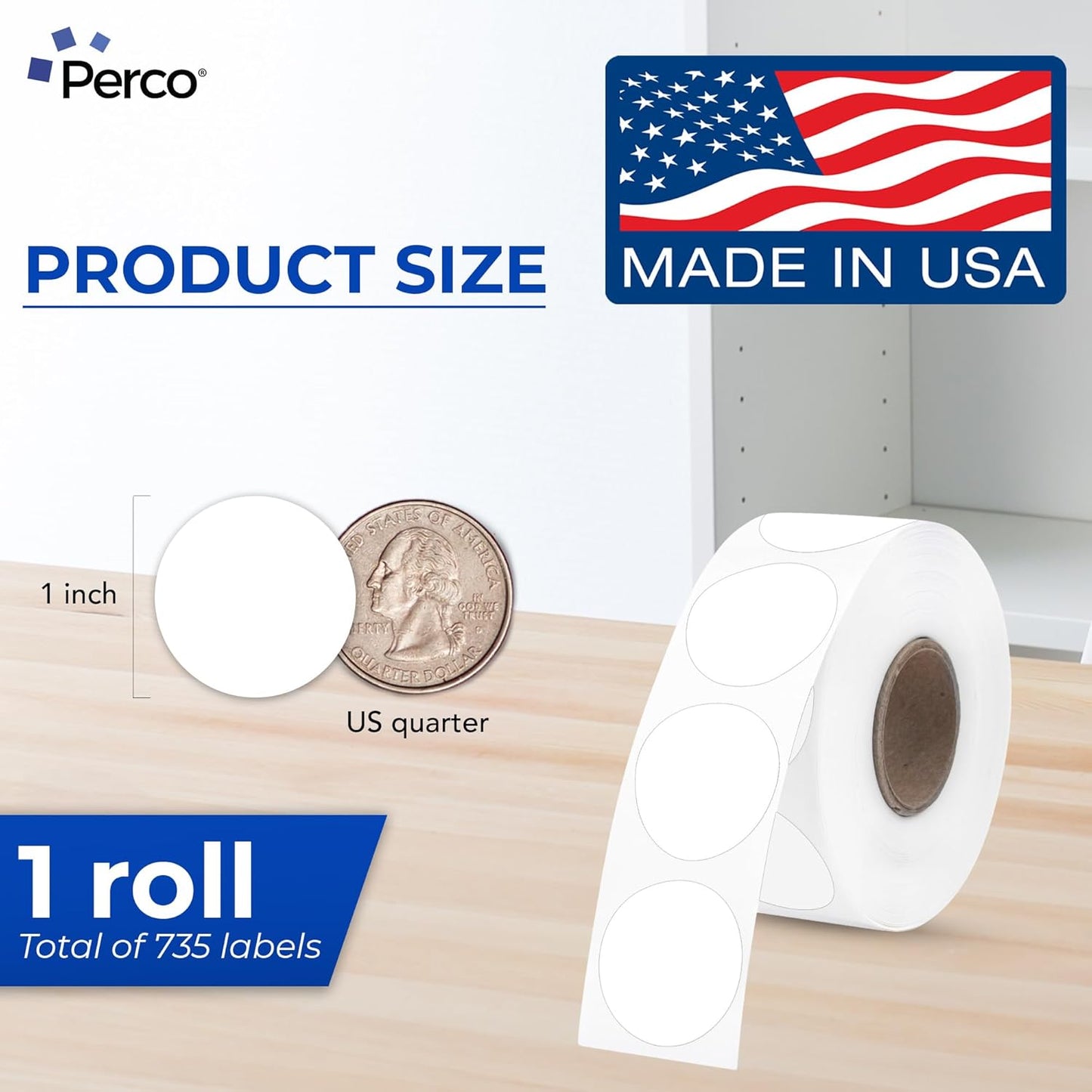 Perco White 1-Inch Perforated Circle Dot Thermal Sticker Labels — 735 Stickers/Roll, Direct Thermal Printer Compatible—with Permanent Adhesive for Color Coding, Garage Sales, Crafts—Made in USA