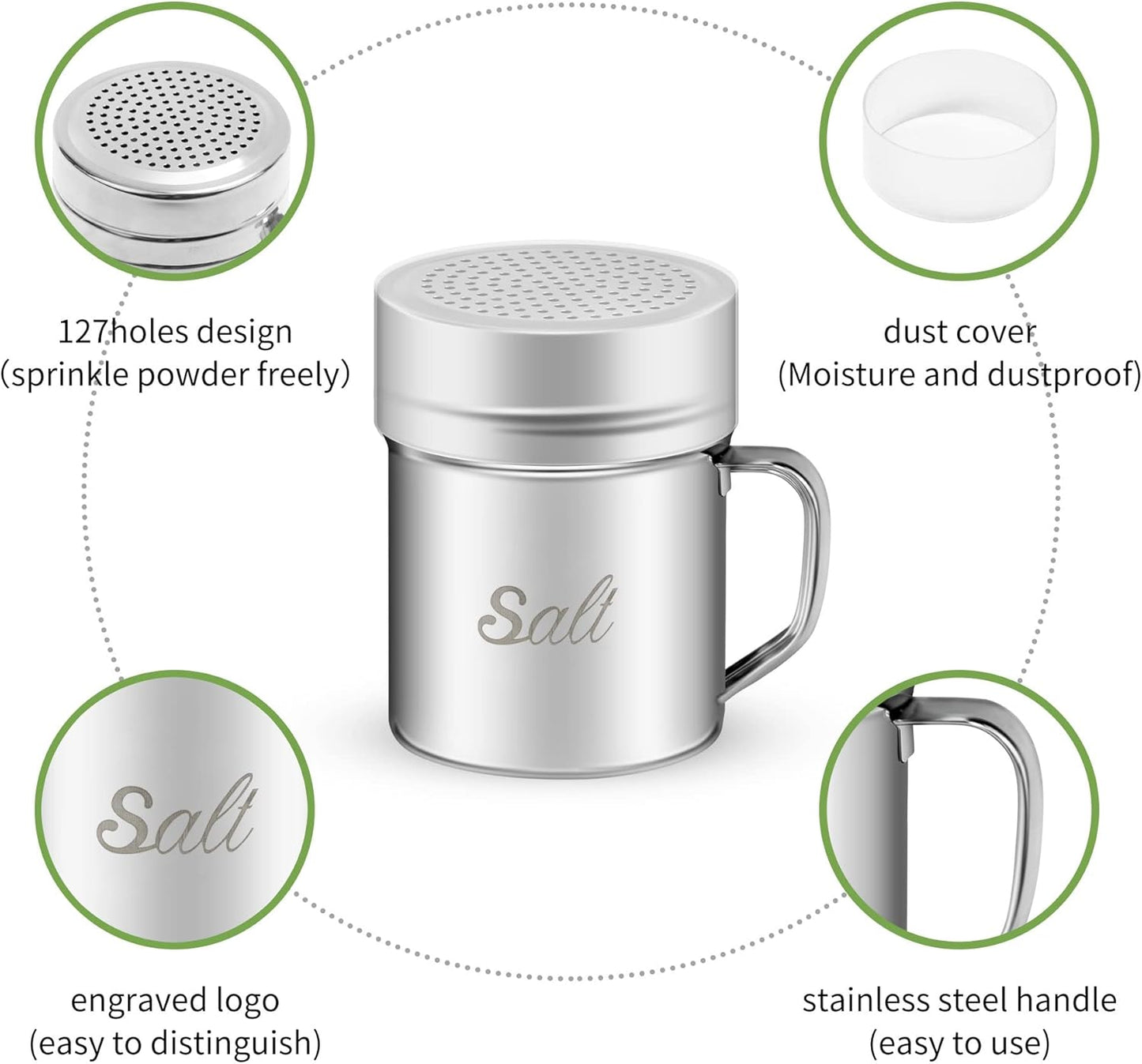 Stainless Steel Salt and Pepper Shakers Set, 10 OZ Seasoning Spice Shaker with Lid and Handle 127 Holes, Metal Dredge Shaker for Powder Sugar Cooking Kitchen Baking (2 Pieces)