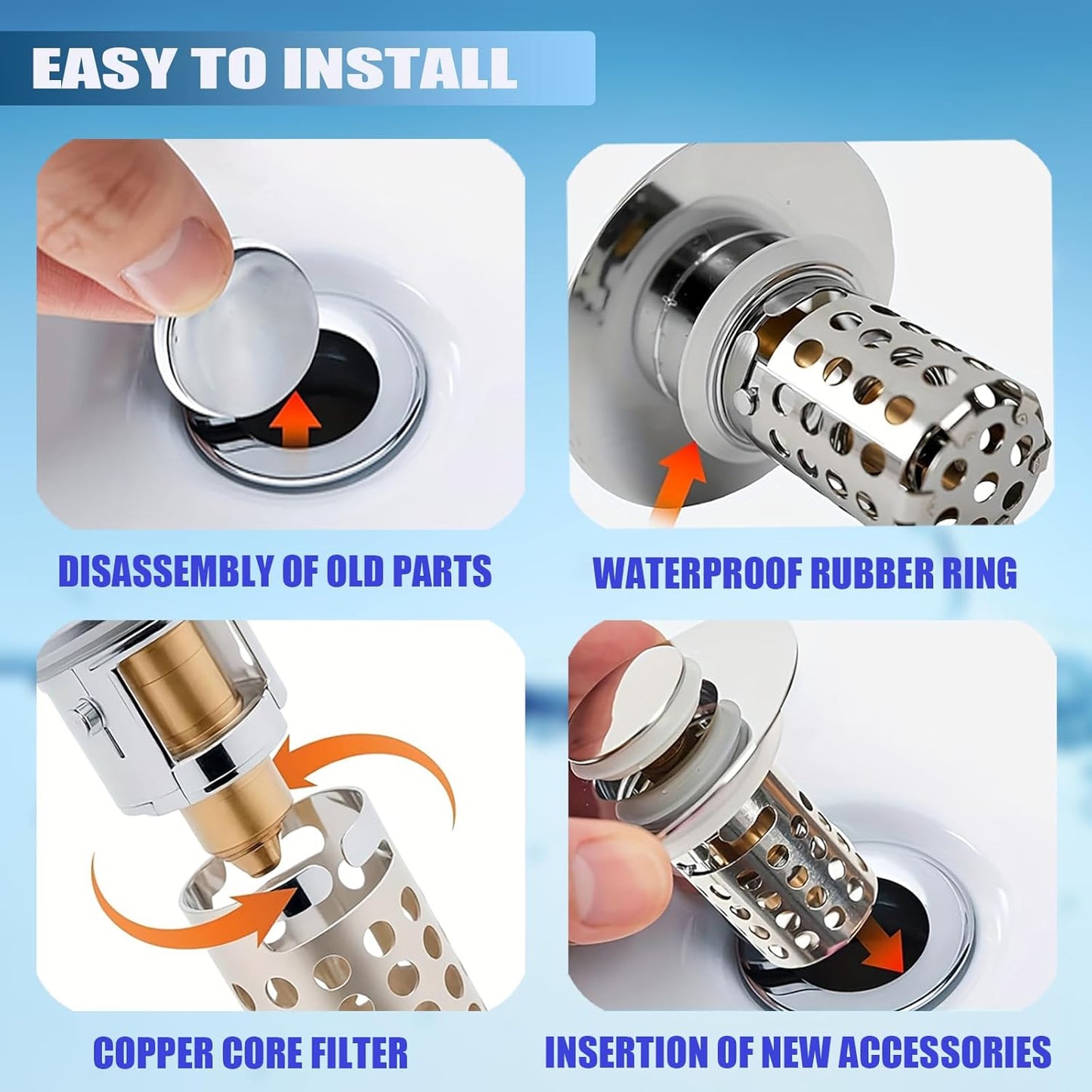 Upgraded 2pcs Bathroom Sink Stopper Drain Strainer for 1.1-1.45 Inch,Universal Pop Up Stopper with Removable Stainless Steel Filter Basket Hair Catcher,Brass Bounce Core for US Universal