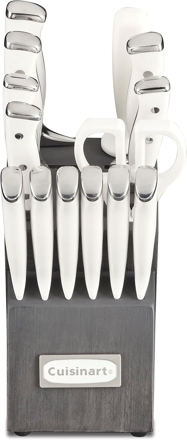 Cuisinart 15-Piece Knife Set with Block, High Carbon Stainless Steel, Forged Triple Rivet, White/Charcoal Gray C77WTR-15PCG