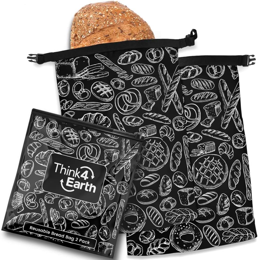 THINK4EARTH® Premium Black Reusable Bread Bags for Homemade Bread – Durable & Washable (2 Pack)