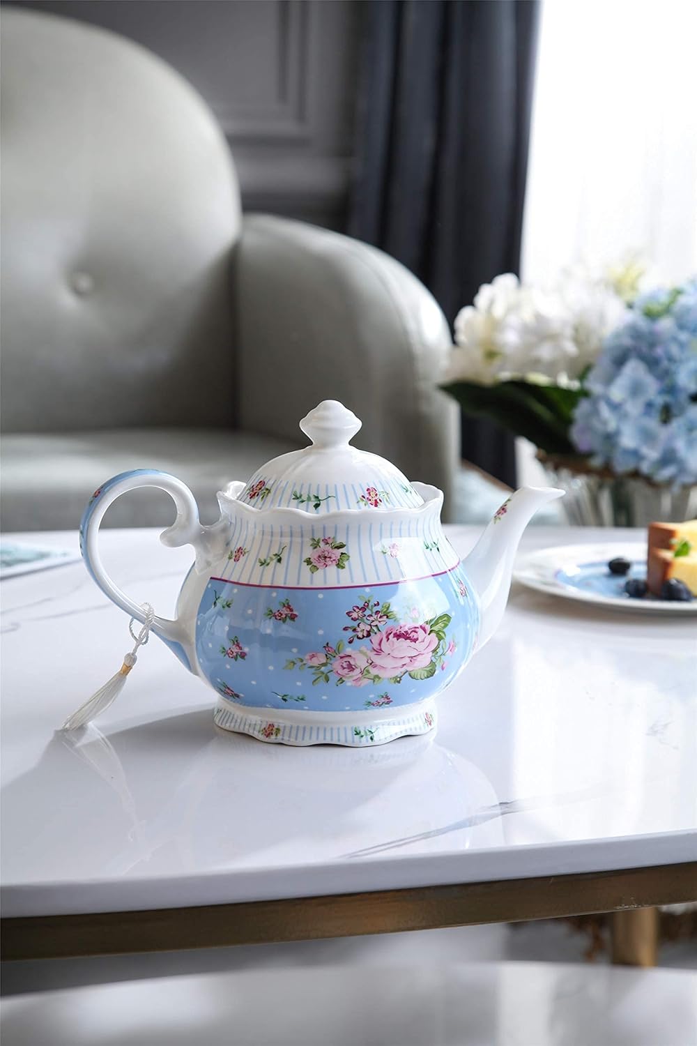 London Boutique Porcelain Teapot Sugar Bowl and Cream Milk Jug Shabby Chic Vintage Floral in Gift box 40oz (Teapot Rose Blue)