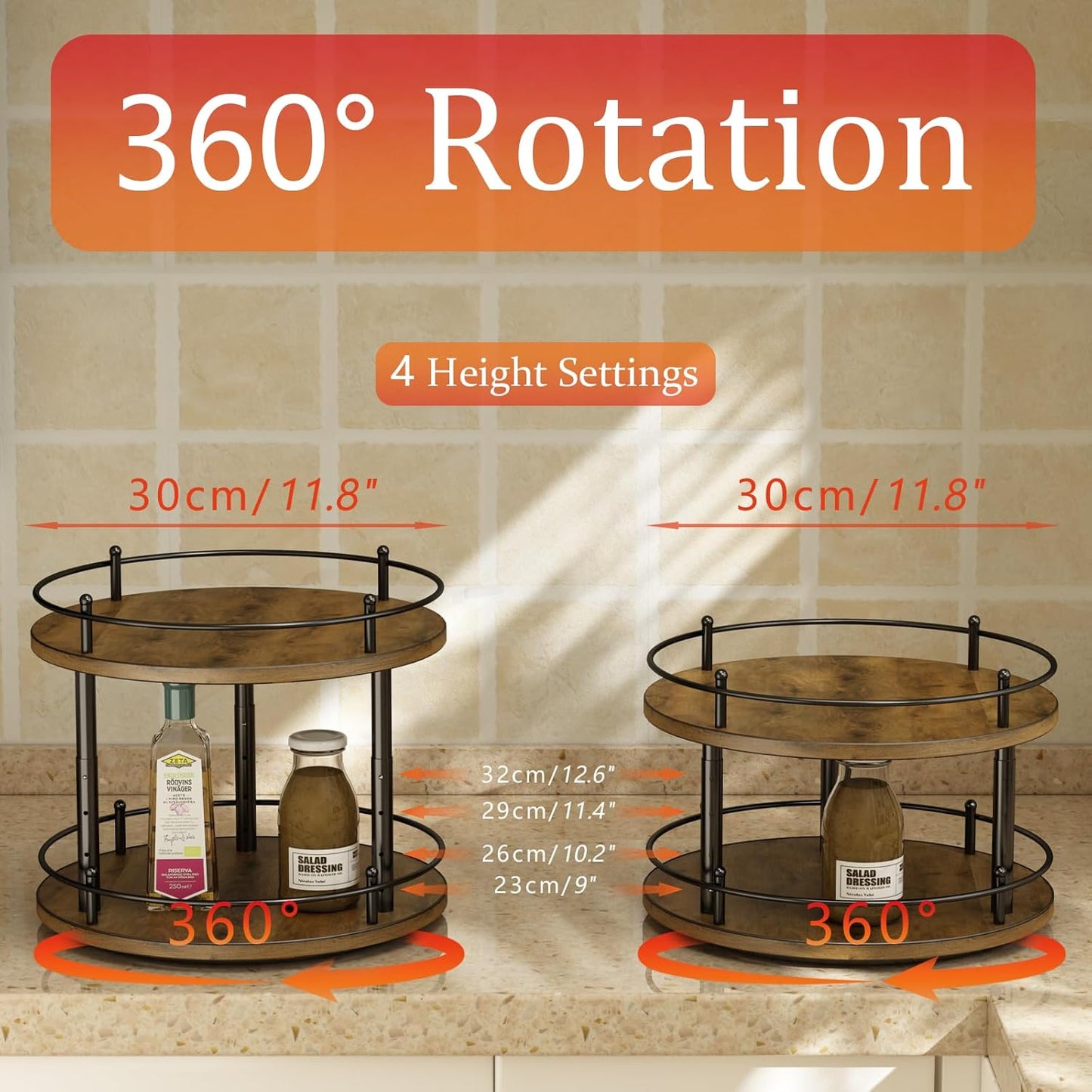 2 Tier Lazy Susan Organizer,2-Tier Spinning Spice Rack with Stable Carousel Base & 4 Height Settings for Cupboard Kitchen Countertop Dining Table Cupboard (Two-Ply(Round))