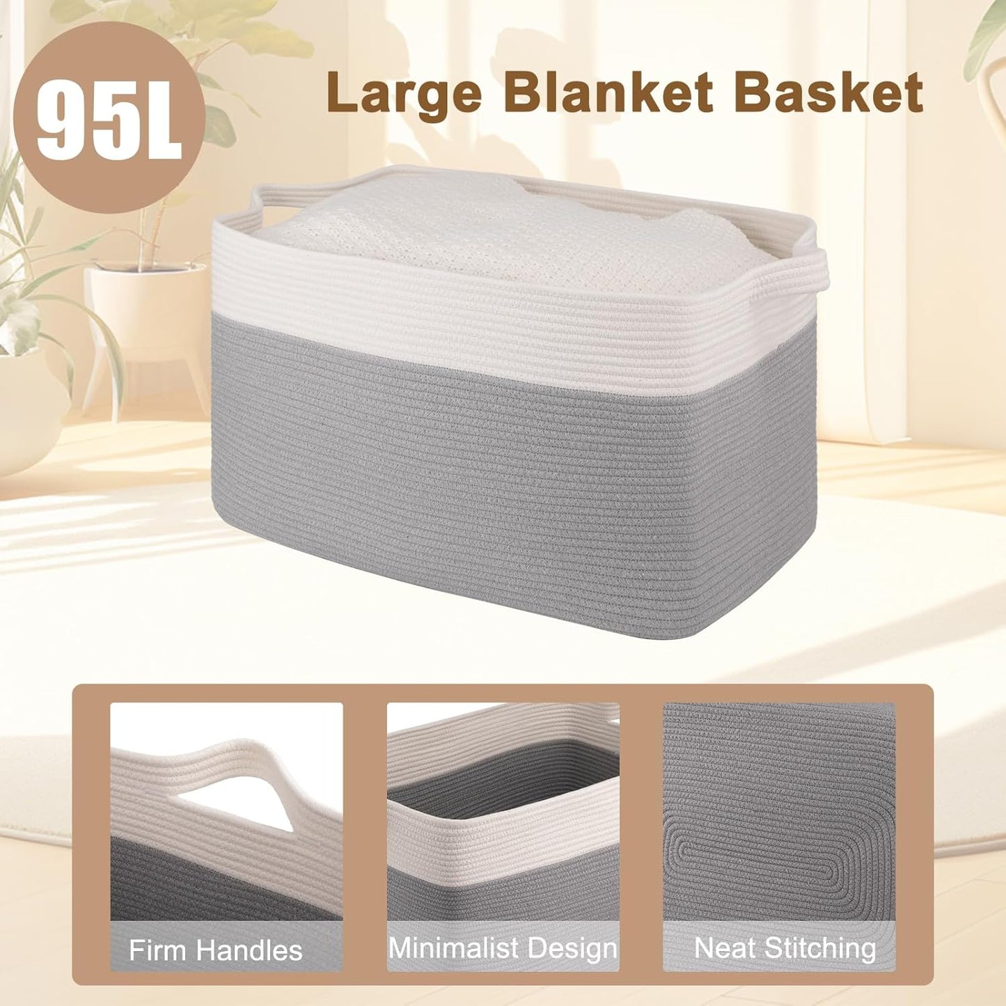 OIAHOMY 95L Blanket Basket, 24”x17”x14”, Large Woven Baskets for Storage, Nursery Cotton Rope Basket with Handle, Living Room, Nursery, Bedroom,Toy Baskets Organizer Bins, Grey & White