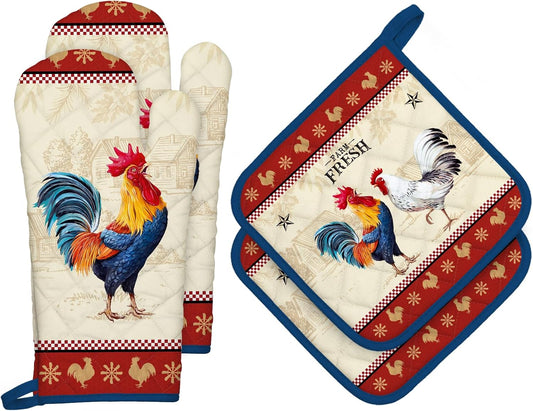 Rooster Oven Mitts and Pot Holders Sets 4Pcs, 100% Cotton Heat Resistant, Extra Long Oven Gloves Potholder for Kitchen Cooking Baking Housewarming