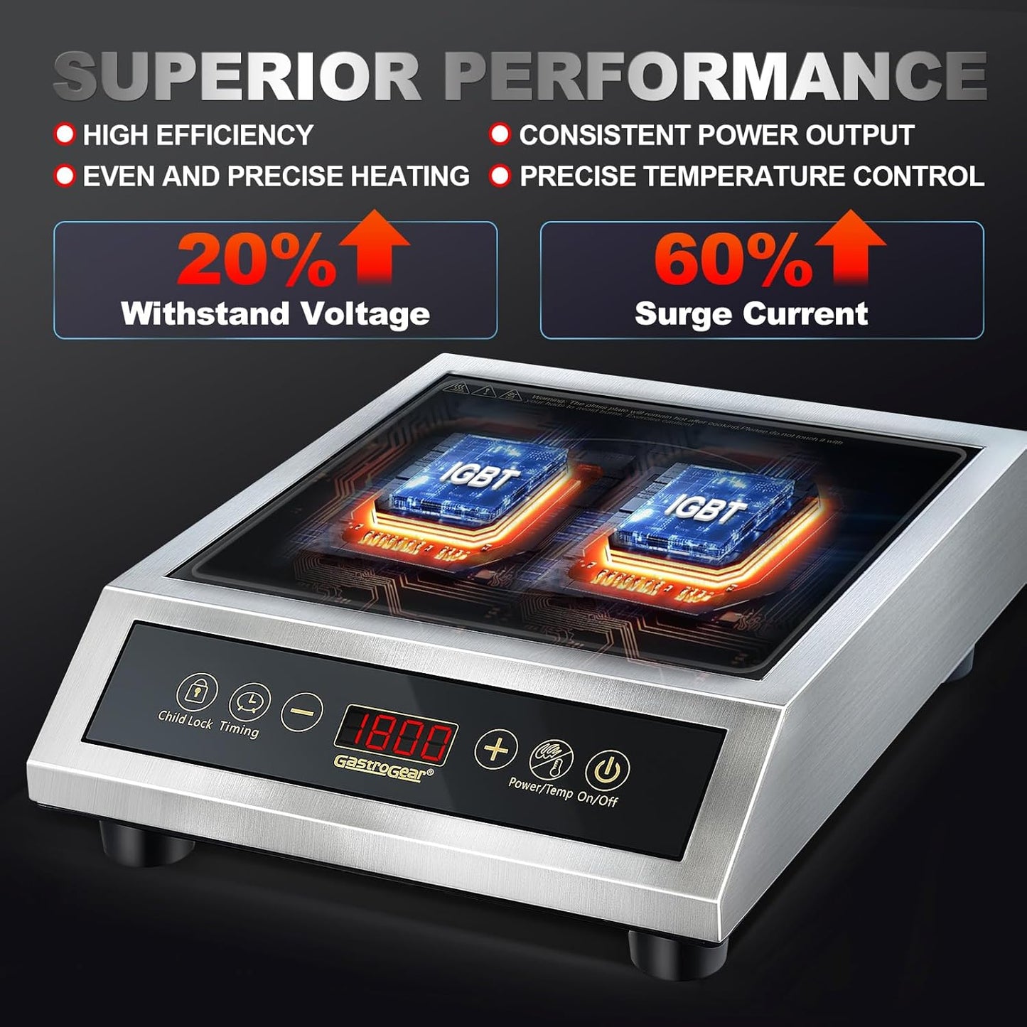 Induction Cooktop, Commercial Electric Stove with 17 Power Levels, 200-1800W, 176~464°F, Child Safety Lock, 18-hour Timer, 1800W Induction Hot Plate Burners for Cooking