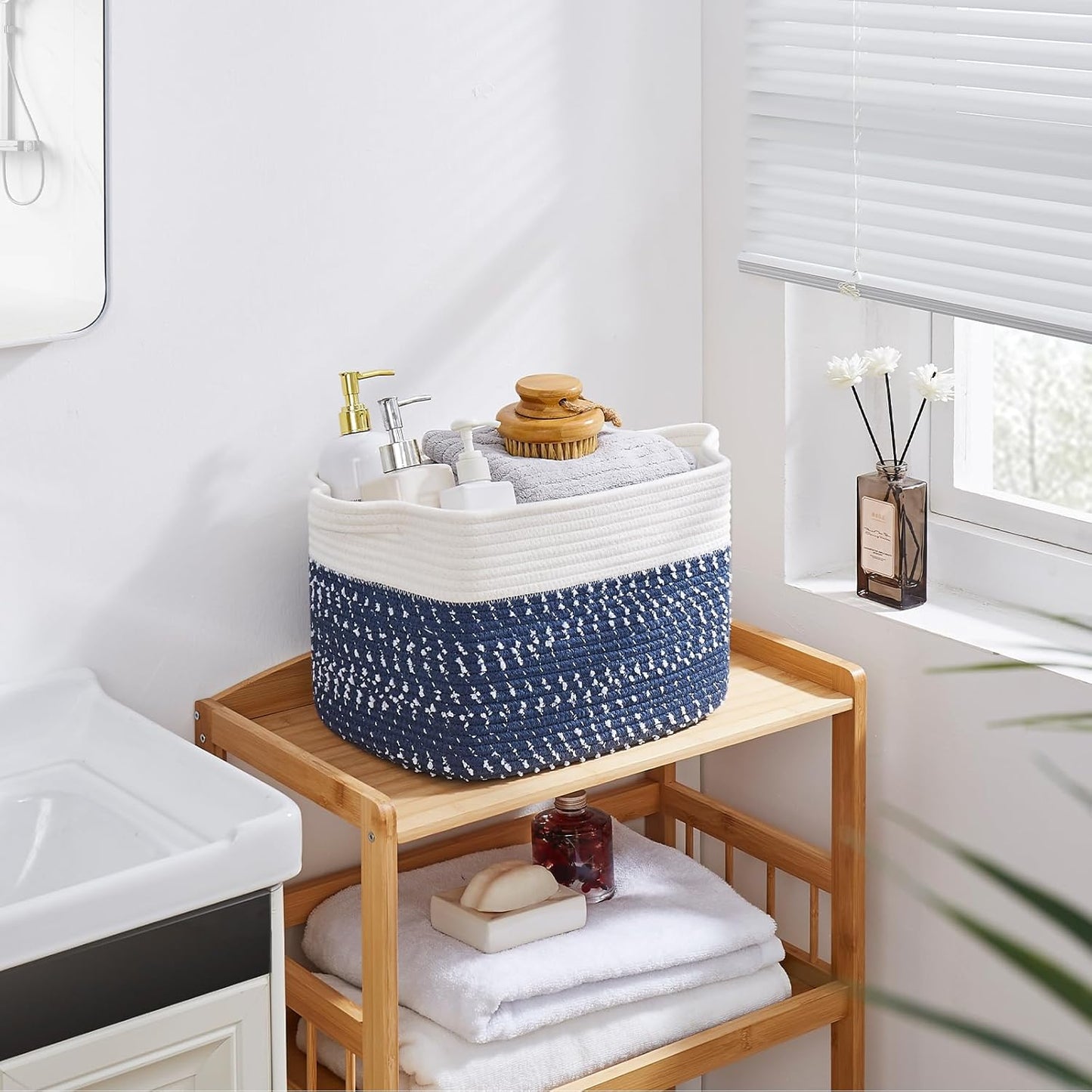 OIAHOMY Storage Basket, Woven Baskets for Storage, Cotton Rope Basket for toys,Towel Baskets for Bathroom - Pack of 3,White Blue