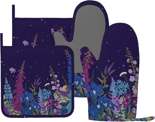 Wildflowers Florals Oven Mitts Pot Holders Set Silicone Heat Resistant Wildflowers Oven Mitts and Hot Pads Florals Potholders Non-Slip Oven Gloves for Cooking Baking Grilling BBQ