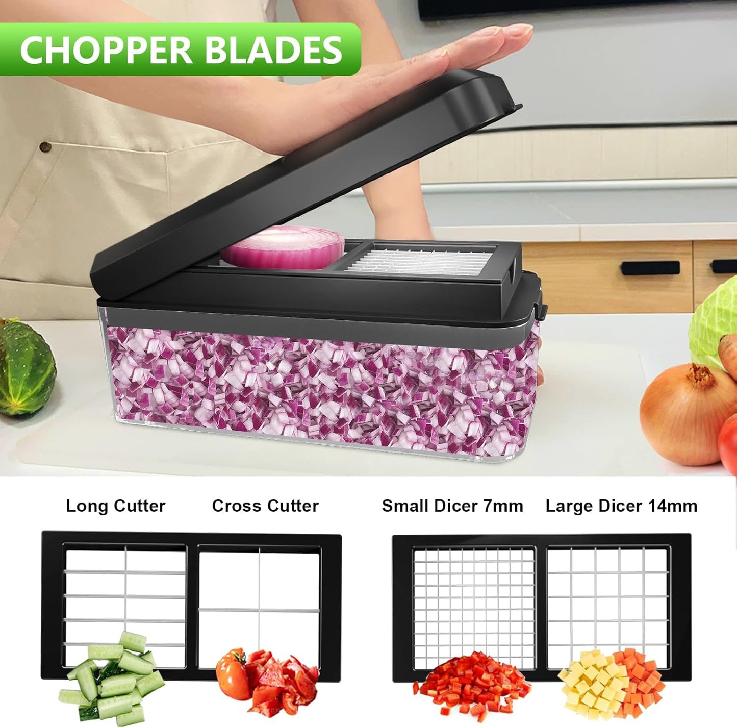Vegetable Chopper, Onion Chopper Dicer, Mandoline Slicer, Food Chopper with Container, Vegetable Cutter for Salad Potato Carrot Garlic（9 Blades, Black）