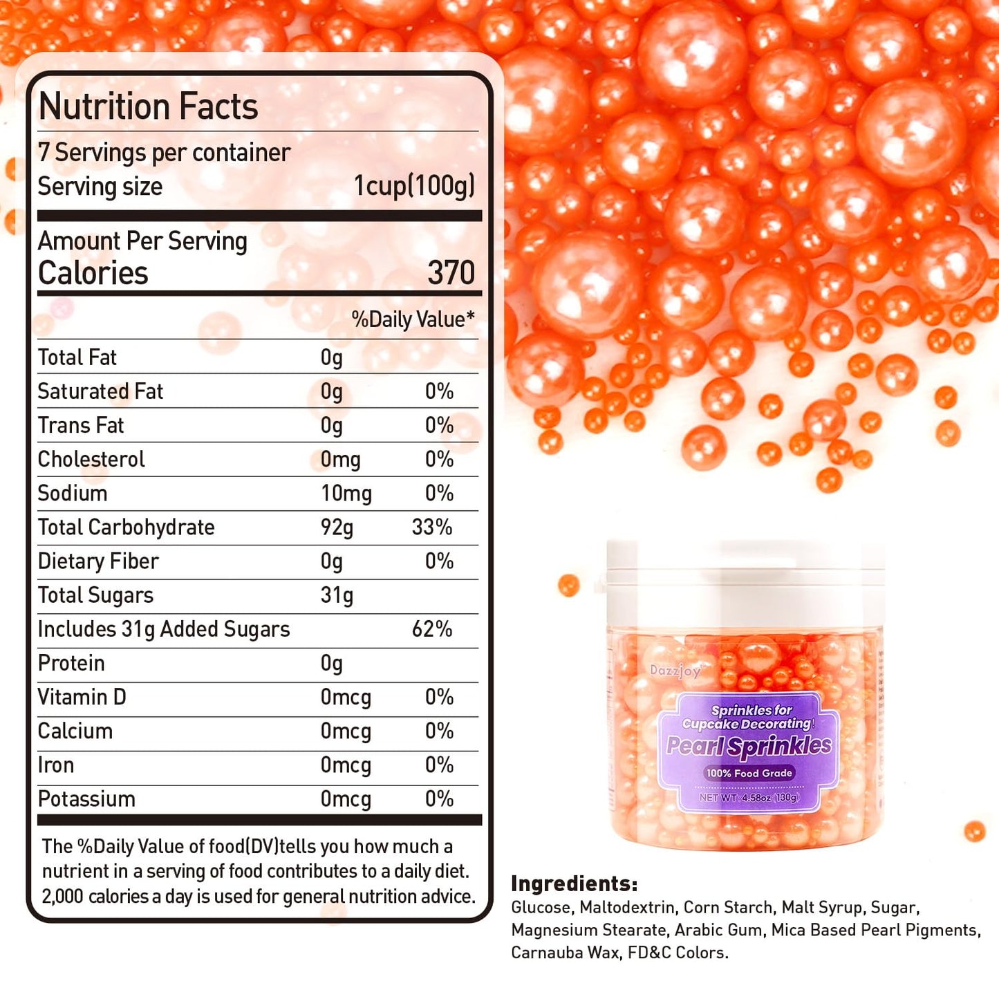 Edible Orange Pearl Sprinkles, Sugar Candy, 130g/4.58oz, Edible Orange Pearls Sprinkles for Cupcake Decorating, Cupcake Toppers, Cake Decorations