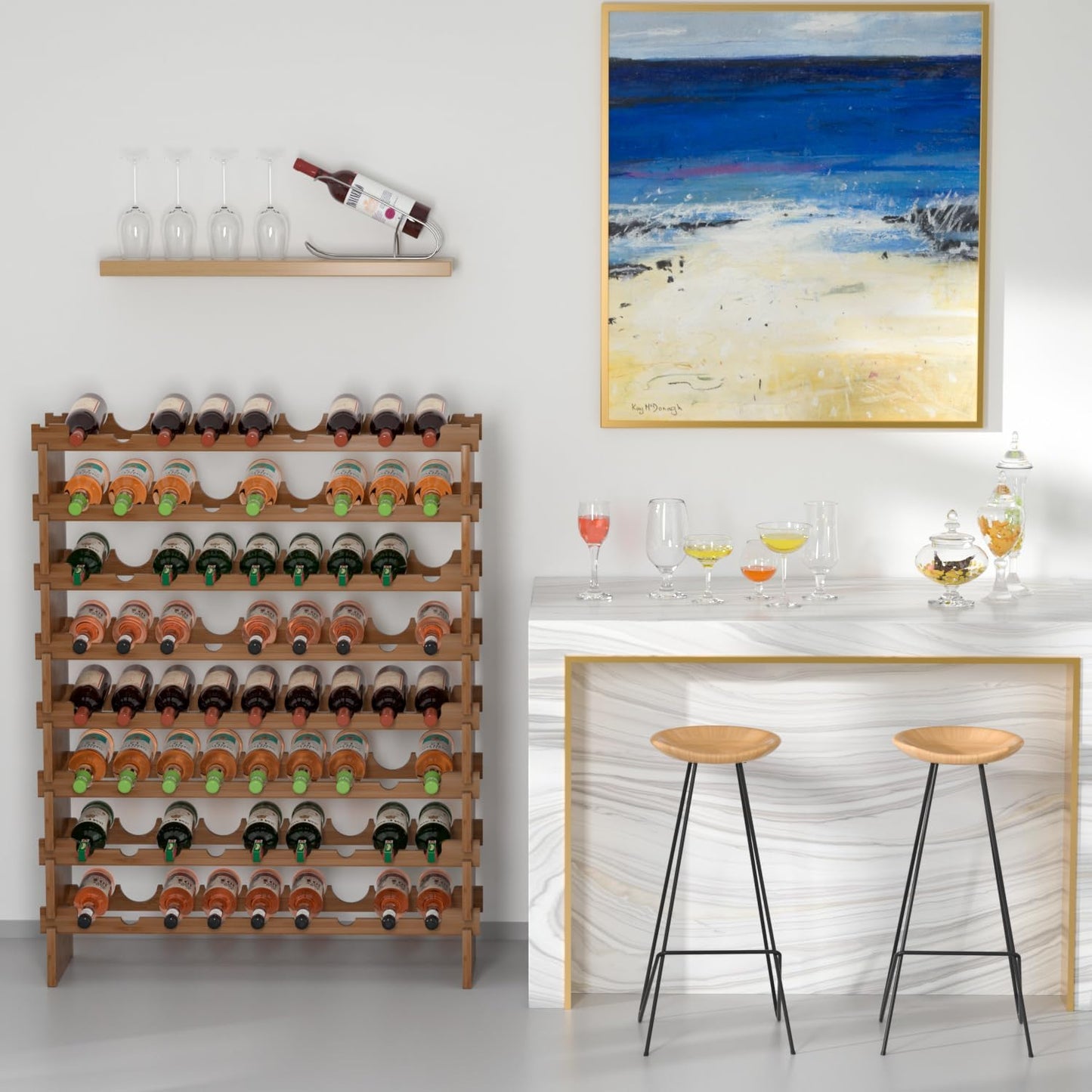 Domax Wine Rack Freestanding Floor - 72 Wine Bottle Holder 8 Tier Stackable Bamboo Wooden Storage Racks for Kitchen, Bar, Pantry and Cellar (Walnut)