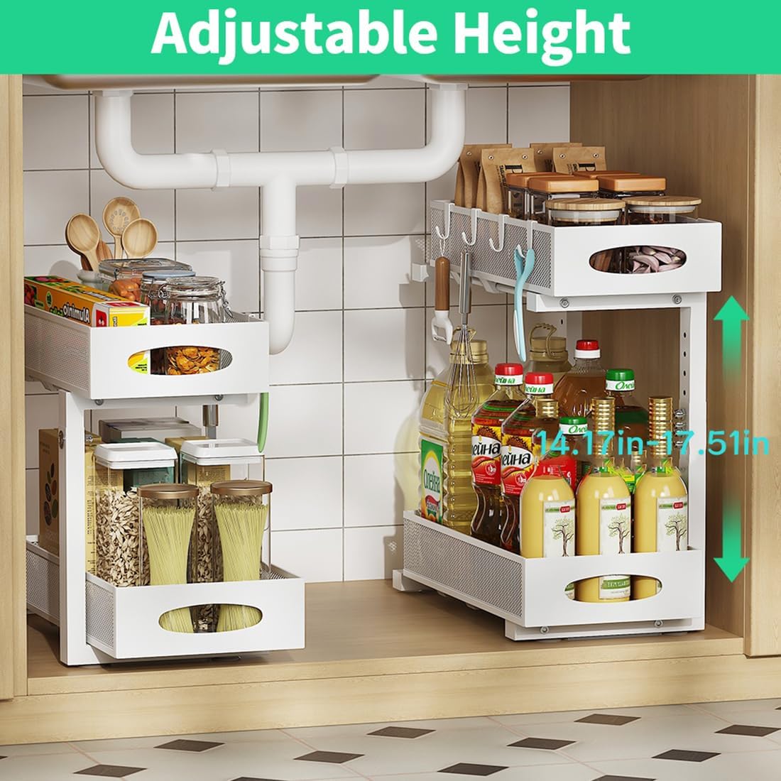 Under Sink Organizer, 2-Tier Slide-Out Storage Shelf with Mesh Drawers - Adjustable Height Heavy-Duty Steel Cabinet Organizer for Kitchen/Bathroom/Laundry, Easy Assembly, Space Saver (White)