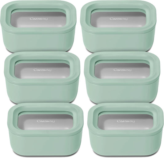 Caraway 6pc Glass Food Storage Set - 2.6 Cup Storage Containers For Food (6) - Non-Toxic Ceramic-Coated Glass - Air Release Technology - Compact & Stackable Design - Mist