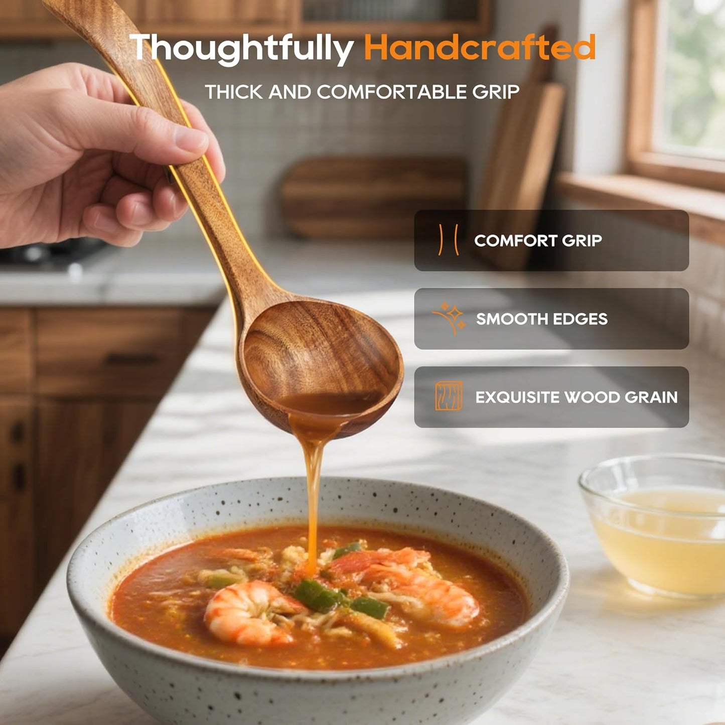 Wooden Ladle for Soup, 3 Size Teak Wood Ladle Spoon with Back Hooks, Heat Resistant Wooden Spoons for Cooking, Non-Stick, Comfortable Grip, Wood Kitchen Utensils Set for Serving, Stirring