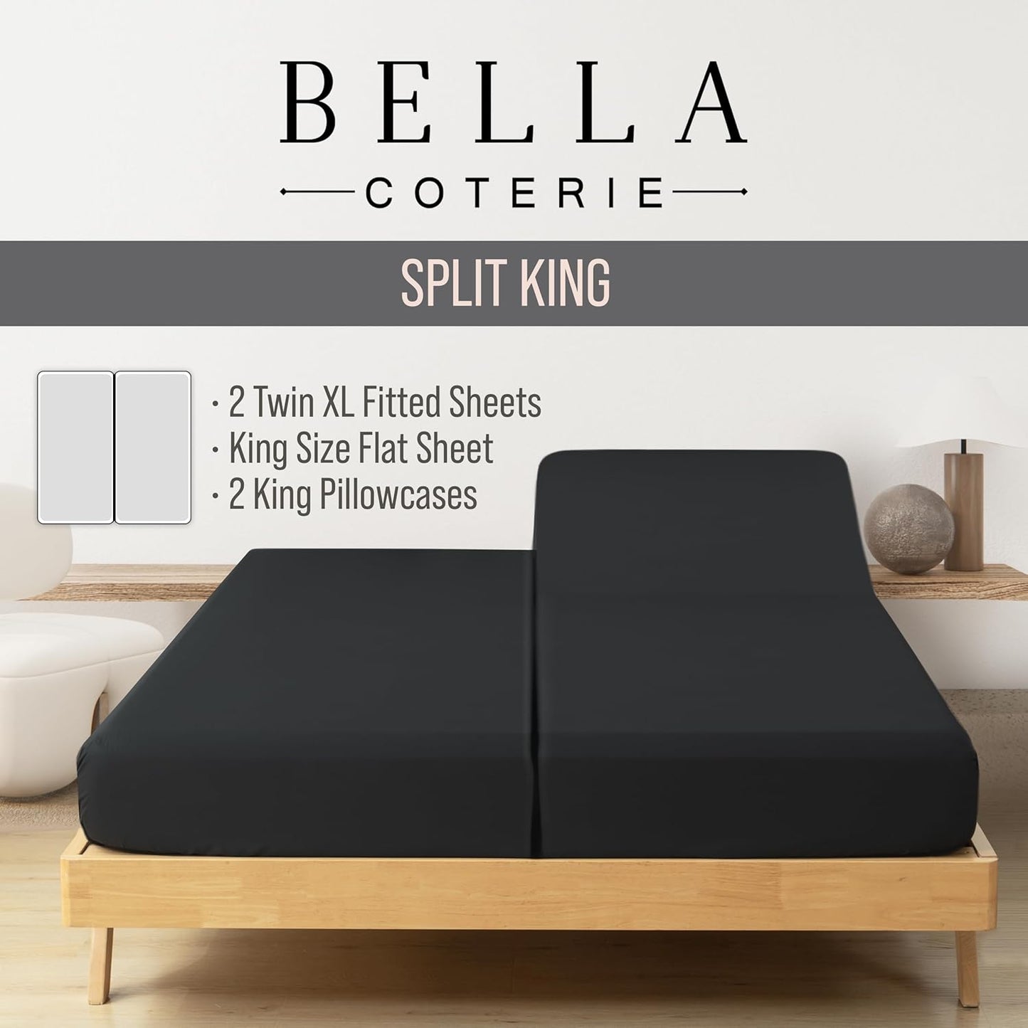 Bella Coterie Luxury Bamboo Viscose Split King Size Sheet Set | 100% Organically Grown | Ultra Soft | Cooling for Hot Sleepers | 18" Deep Pocket [Black]