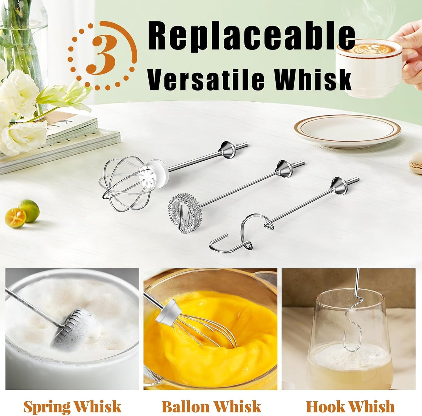 Nahida Cement Gray Milk Frother Wand for Coffee, Frother Handheld Rechargeable Electric Whisk with 3 Heads 3 Speeds Drink Mixer Coffee Frother Foam Maker For Latte, Cappuccino, Hot Chocolate, Egg