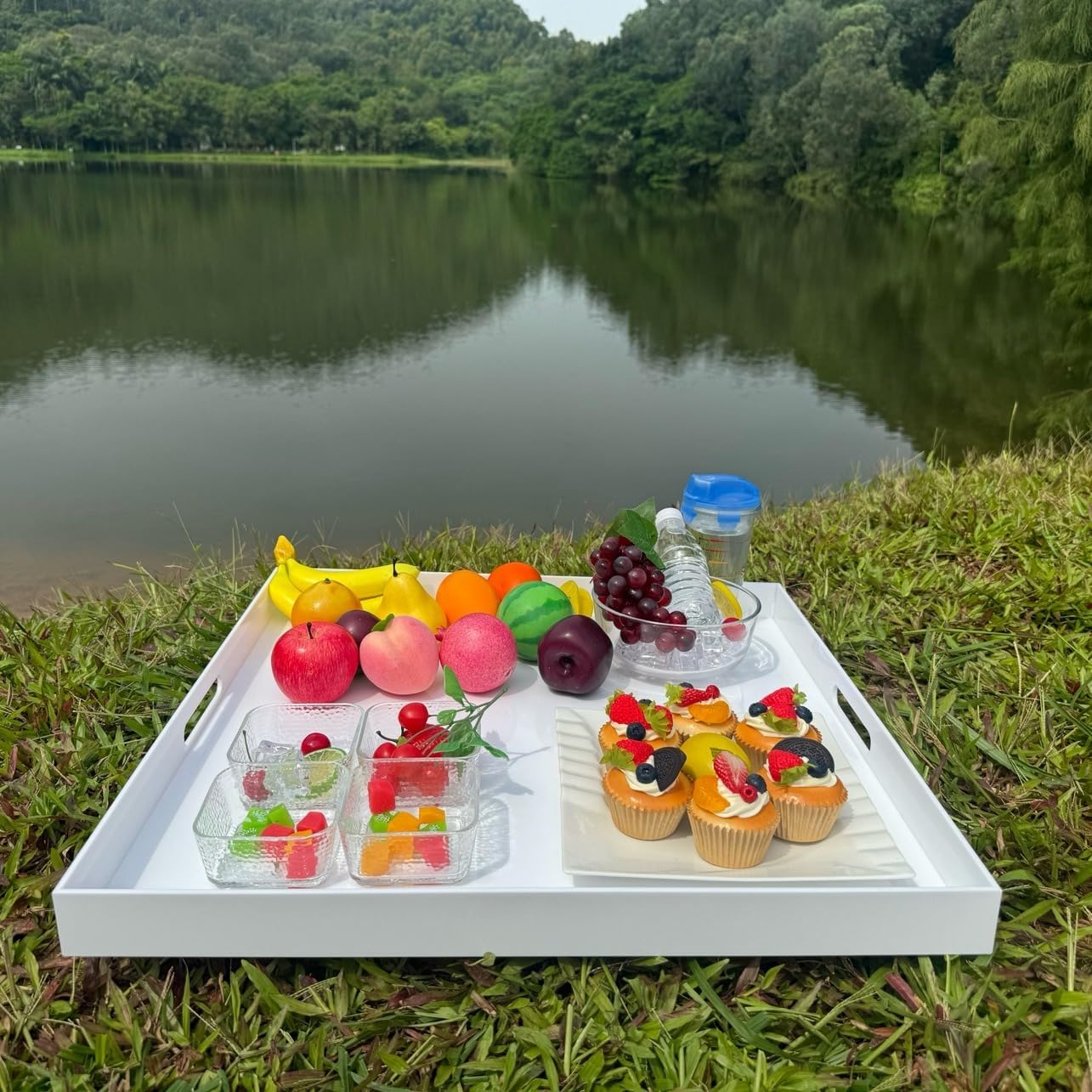 White Acrylic Ottoman Tray with Cutout Handles 24x24 Inch Over-Sized Serving Tray Rubber Boot Organizer Decorative Tray for Living Room, Bedroom,Bathroom Entryway and Kitchen Tabletop