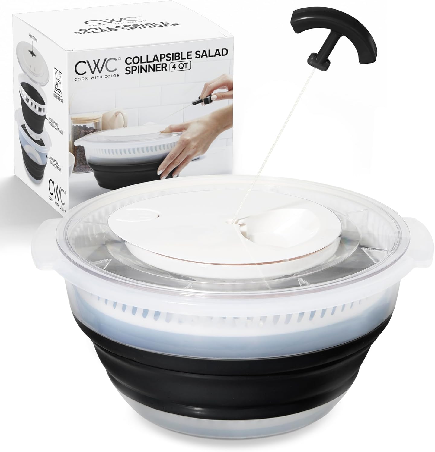 COOK WITH COLOR Collapsible Salad Spinner - 4 QT Space Saving Lettuce Dryer with Folding Collapsible Colander Great for Washing and Drying Fruit and Vegetables (Black)