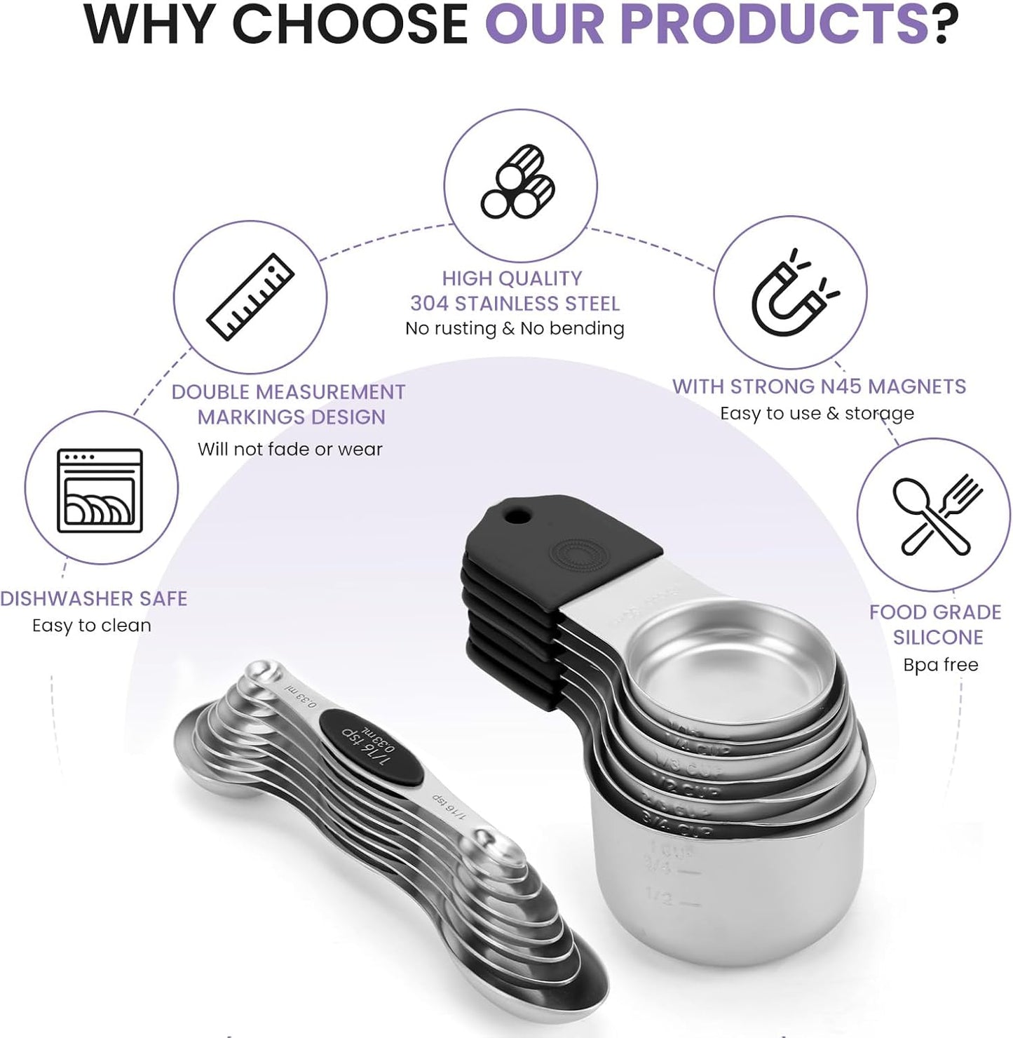 Magnetic Measuring Cups and Spoons Set-Heavy Duty 304 Stainless Steel，Double Measurement Markings，Set of 16 with Leveler for Measure Dry and Liquid Ingredients (Black)