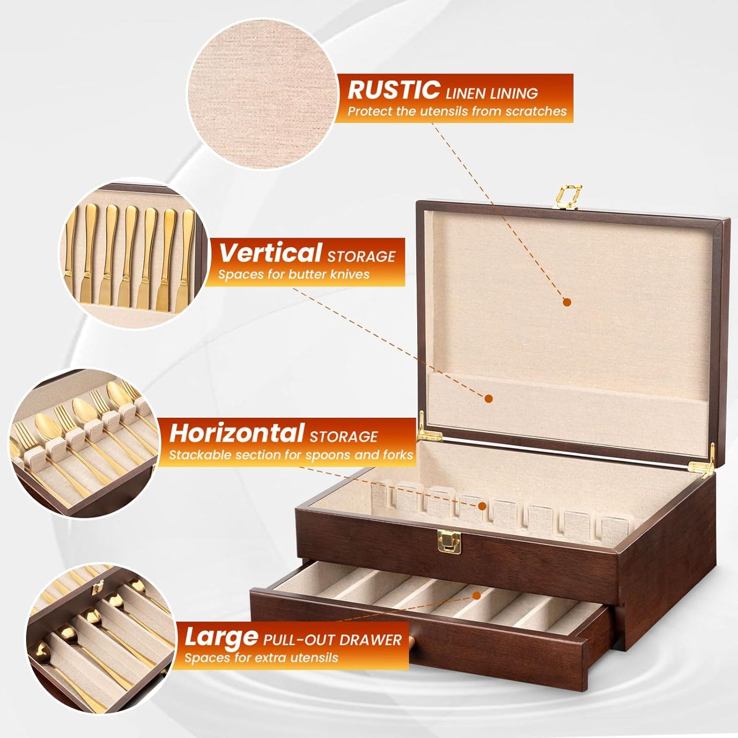 Silverware Storage Box, 2-Layer Flatware Storage Case with Drawer, Wooden Silverware Chest with Linen Liner, Rustic Silverware Case for Storing Fine Flatware and Utensils (Walnut)