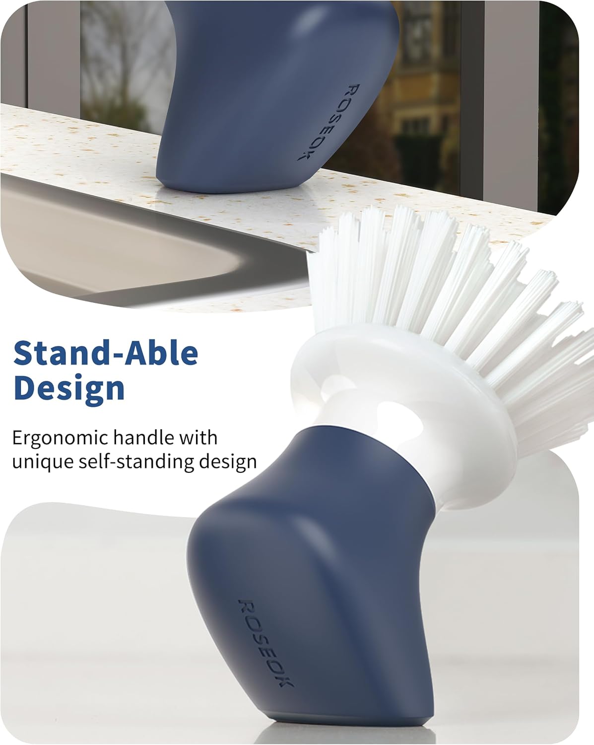 Dish Scrub Brush,Self-Standing Palm Brush with Ergonomic Grip for Cleaning Dishes,Non-Stick Pans and Sinks,Navy Blue,2 Pack